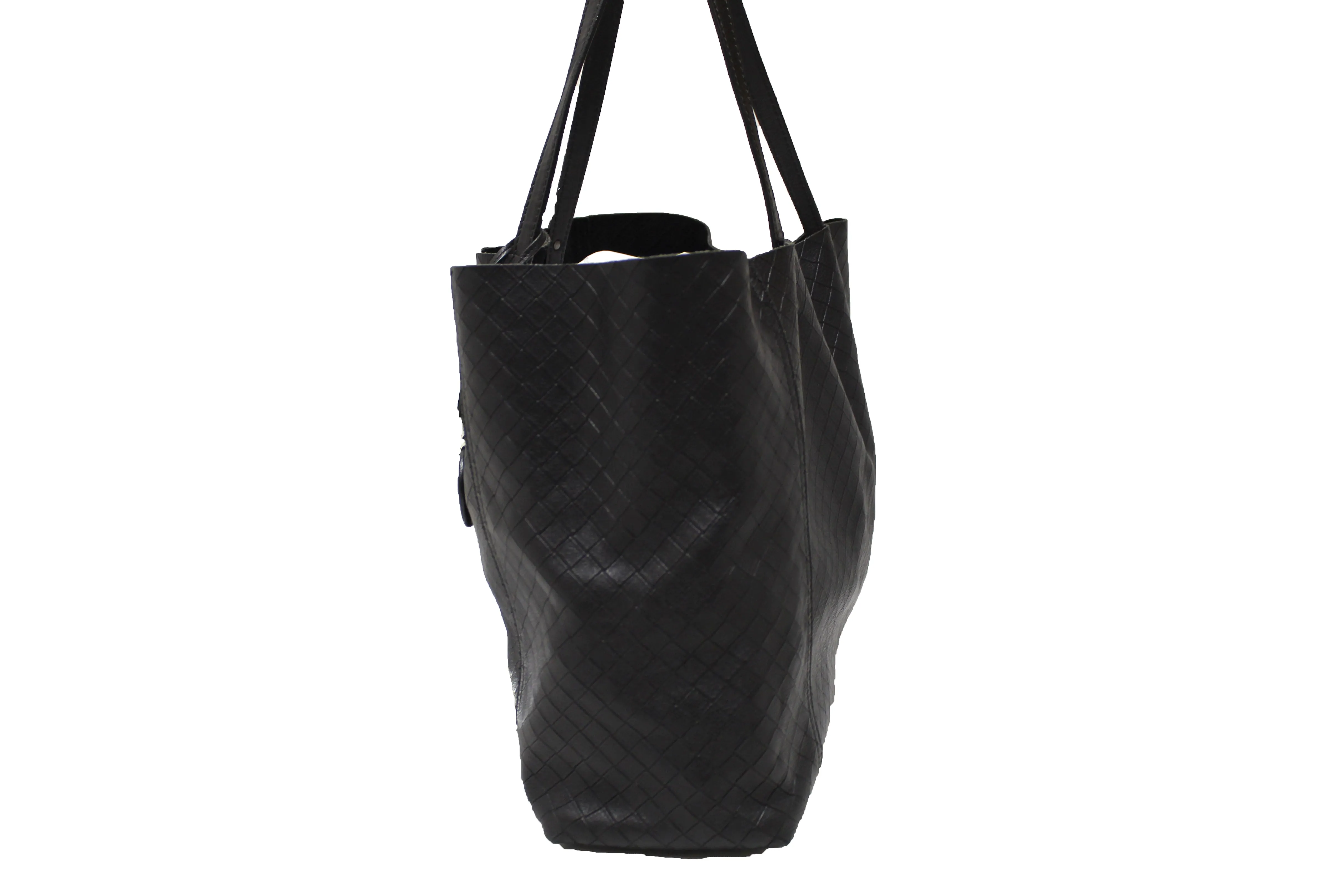 Authentic Bottega Veneta Intrecciato Embossed Black Leather Tote