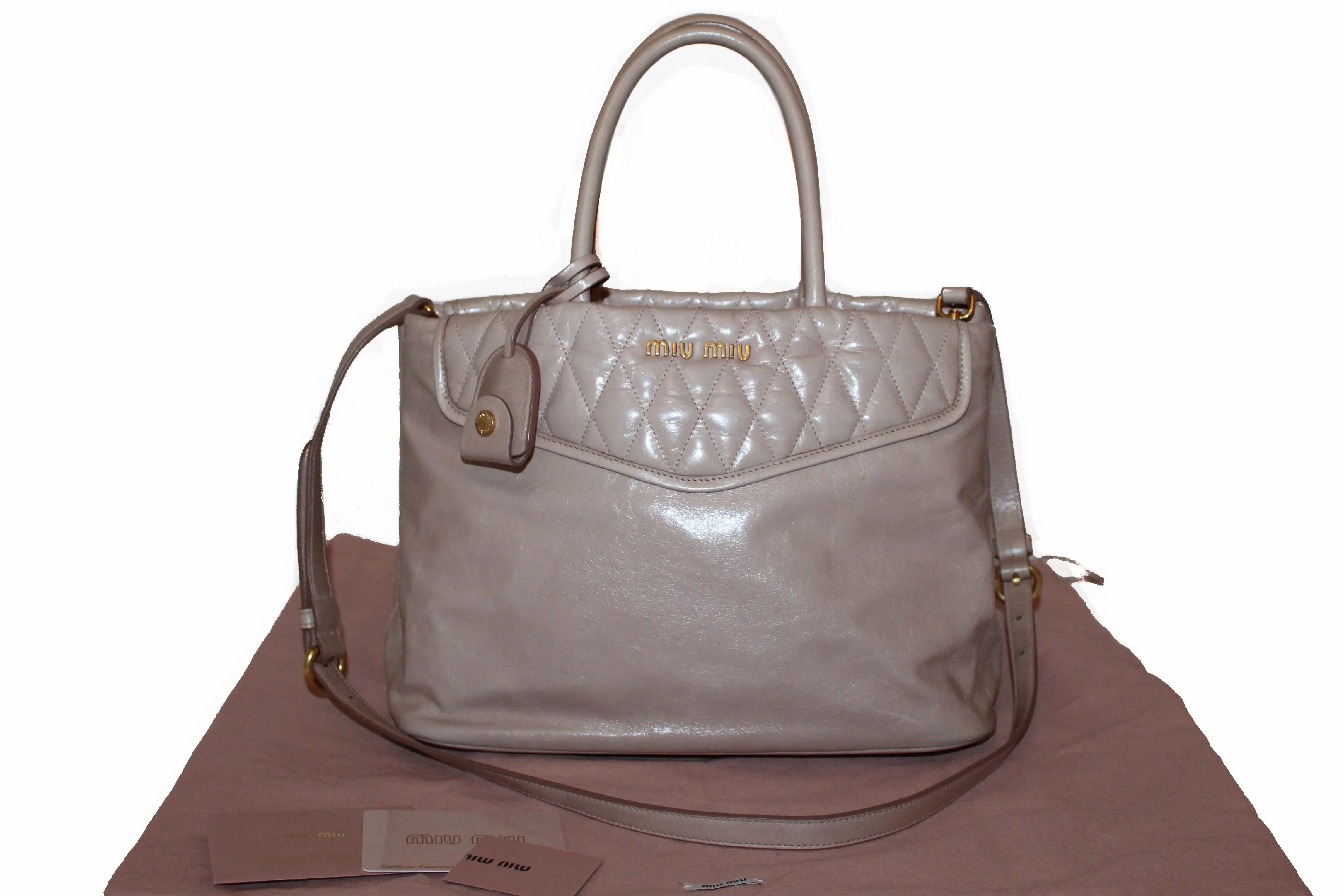 Authentic Miu Miu Cipria Vitello Shine Trapu Leather Hand Bag/Shoulder Bag