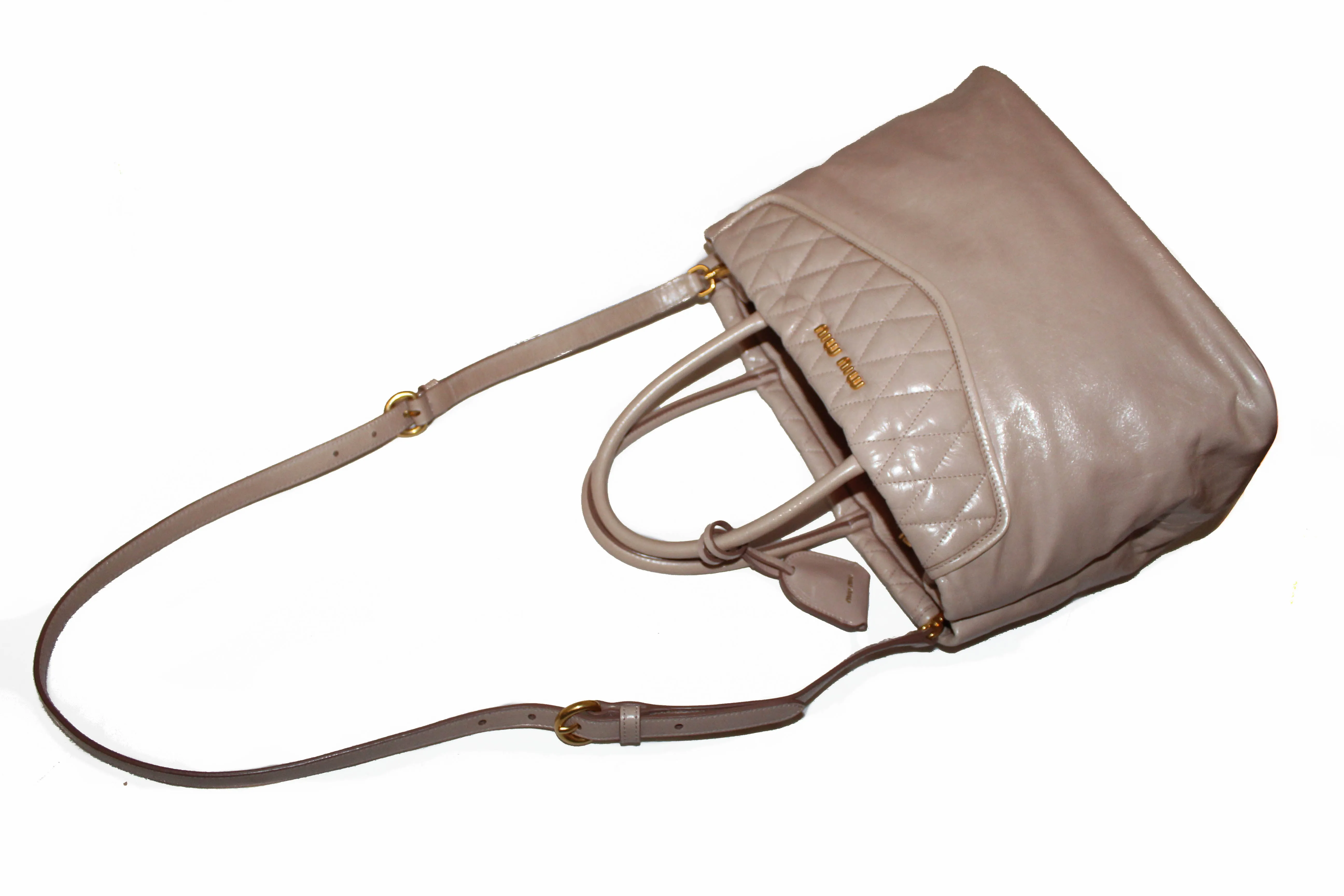 Authentic Miu Miu Cipria Vitello Shine Trapu Leather Hand Bag/Shoulder Bag