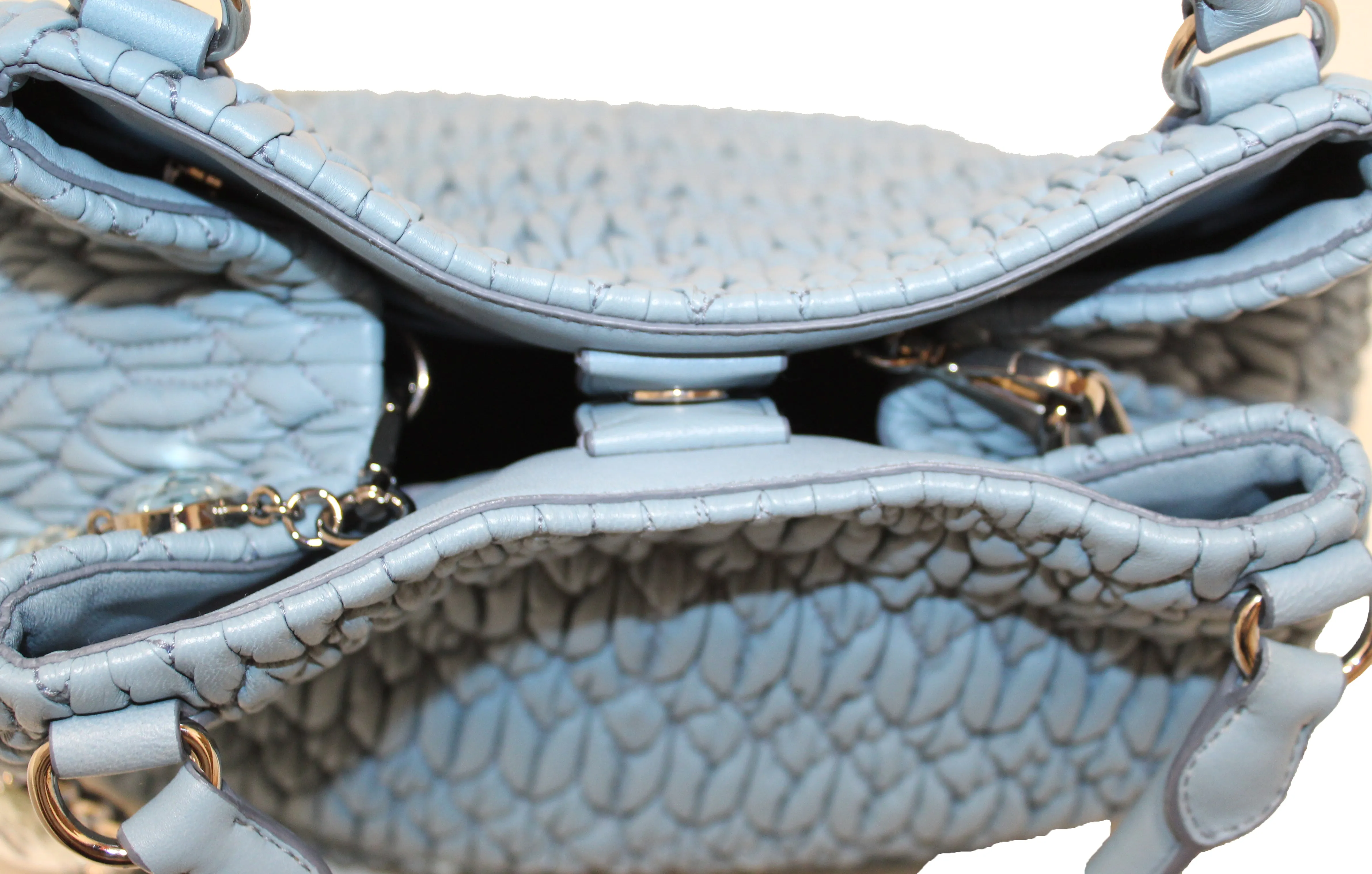 Authentic Miu Miu Crystal Blue Cloqué Nappa Leather Handbag