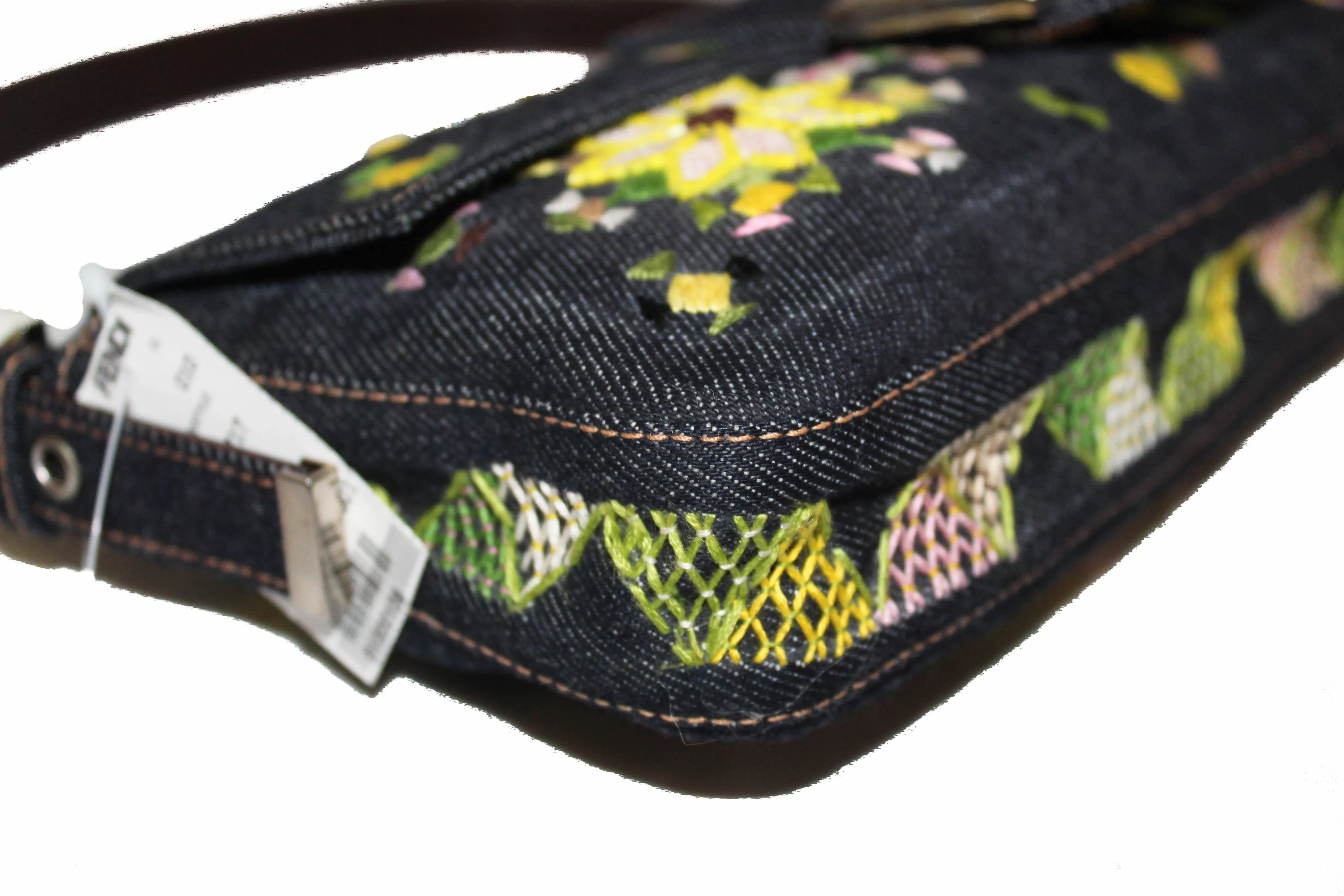Authentic New Fendi Blue Denim Floral Embroidered Beaded Baguette Shoulder Bag