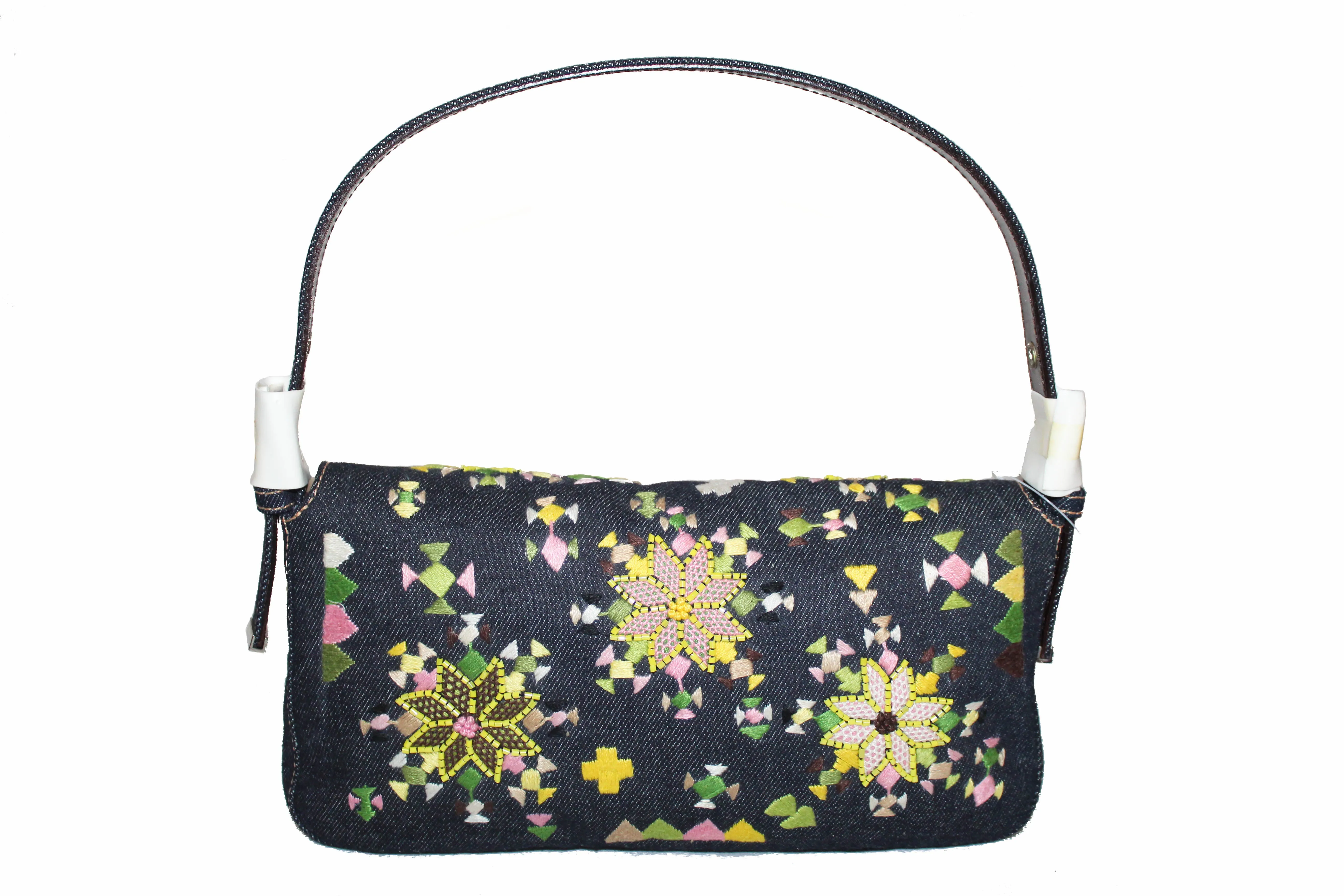 Authentic New Fendi Blue Denim Floral Embroidered Beaded Baguette Shoulder Bag