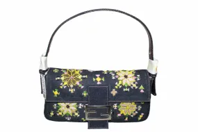 Authentic New Fendi Blue Denim Floral Embroidered Beaded Baguette Shoulder Bag
