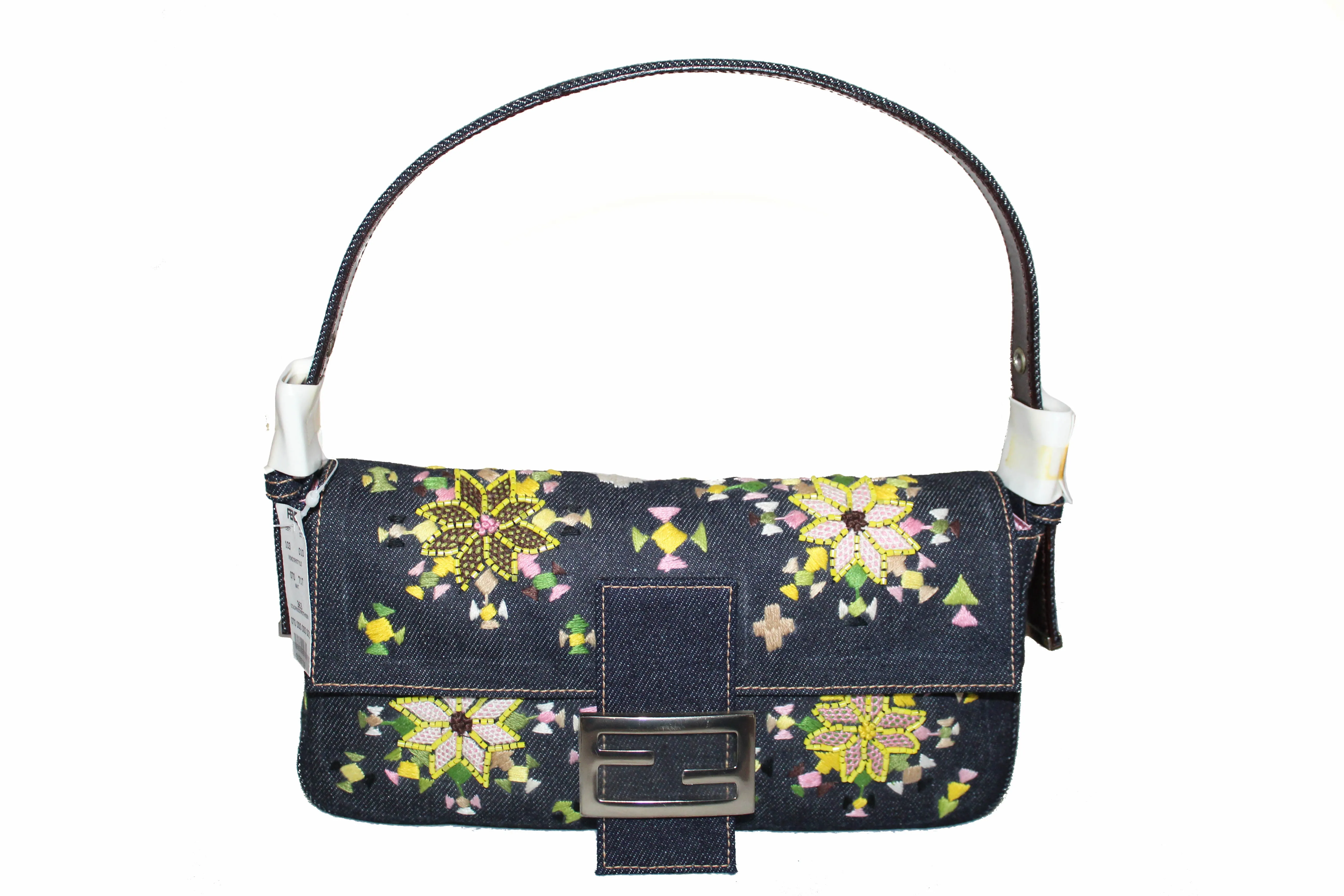 Authentic New Fendi Blue Denim Floral Embroidered Beaded Baguette Shoulder Bag