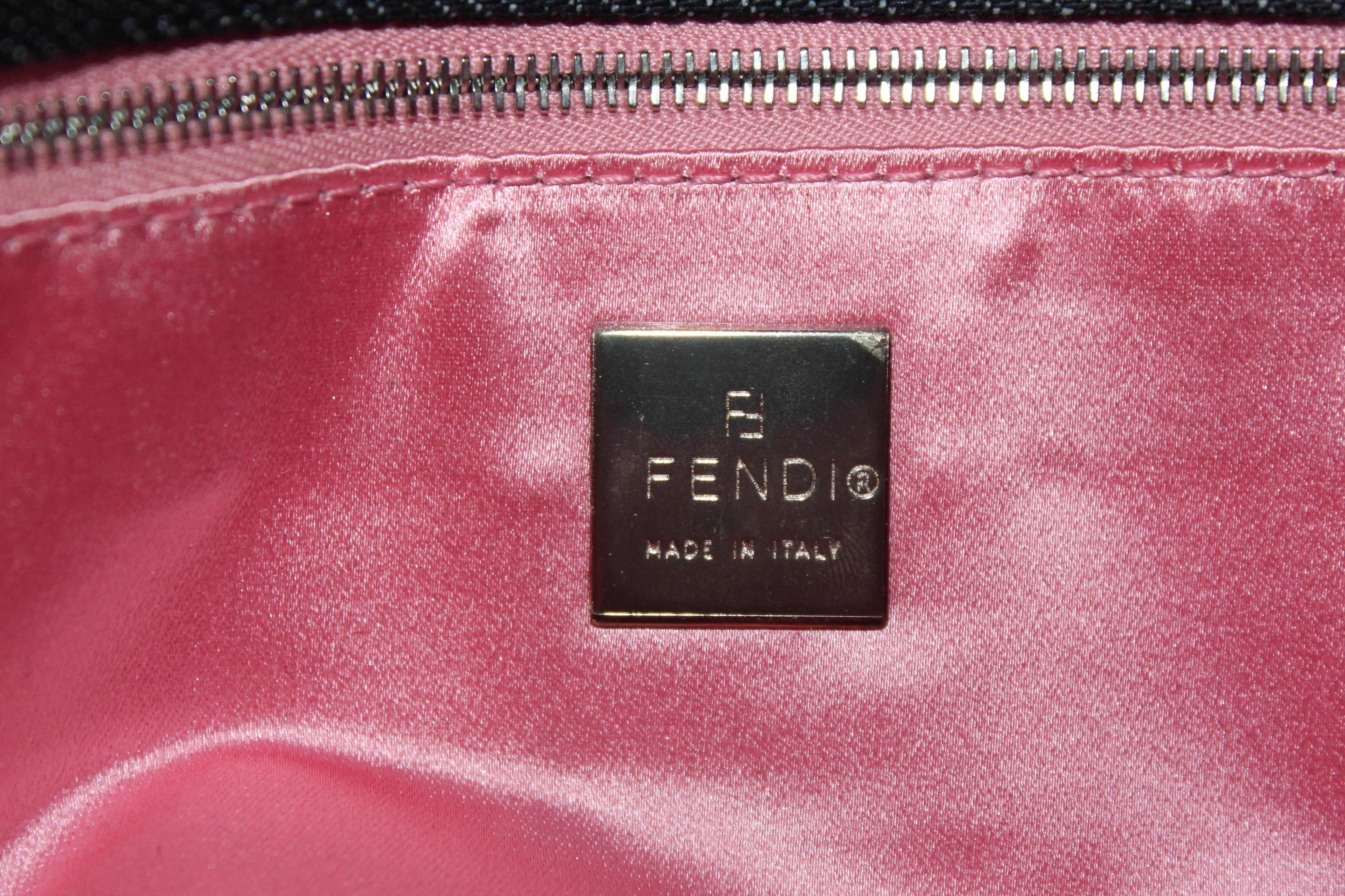 Authentic New Fendi Blue Denim Floral Embroidered Beaded Baguette Shoulder Bag