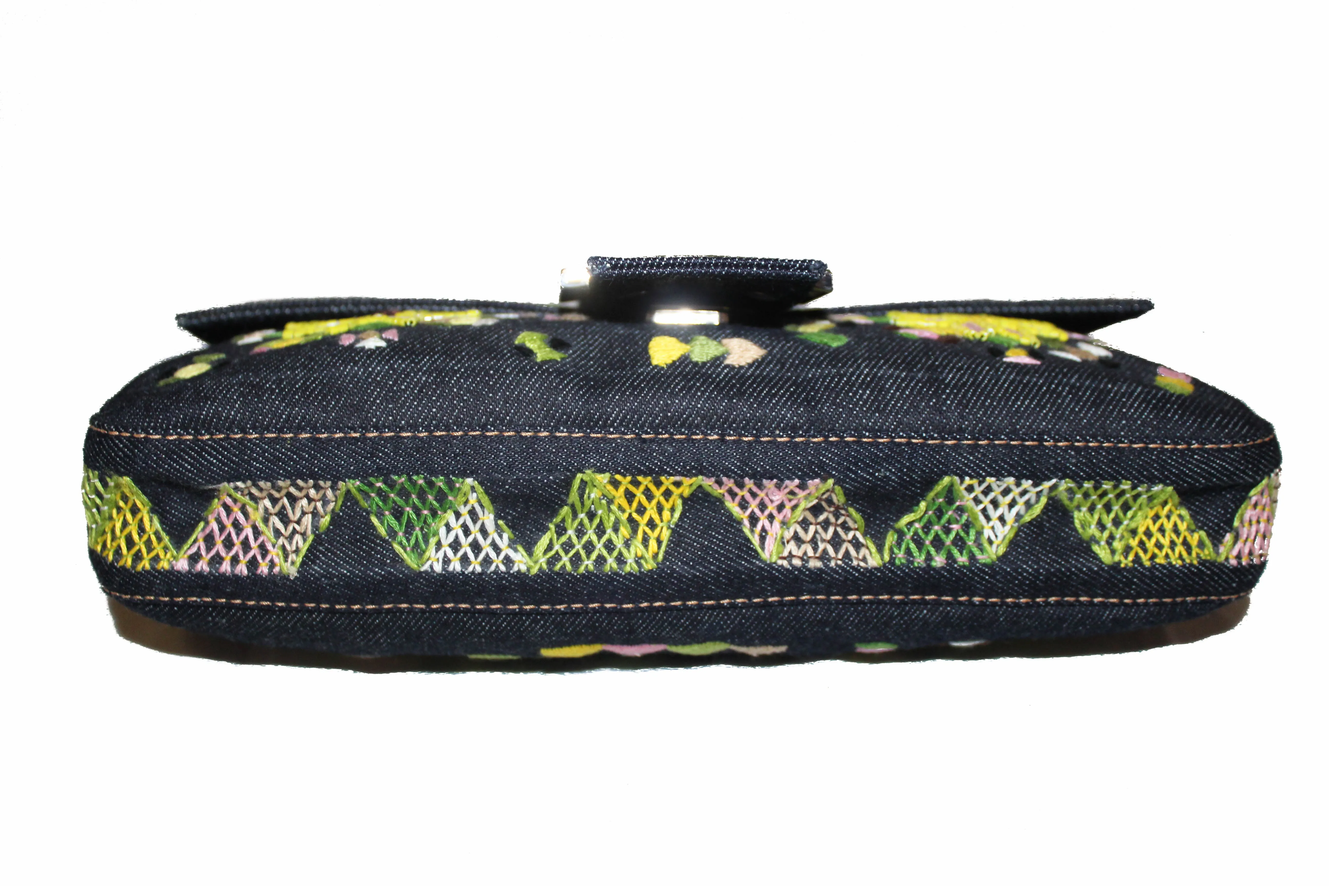 Authentic New Fendi Blue Denim Floral Embroidered Beaded Baguette Shoulder Bag