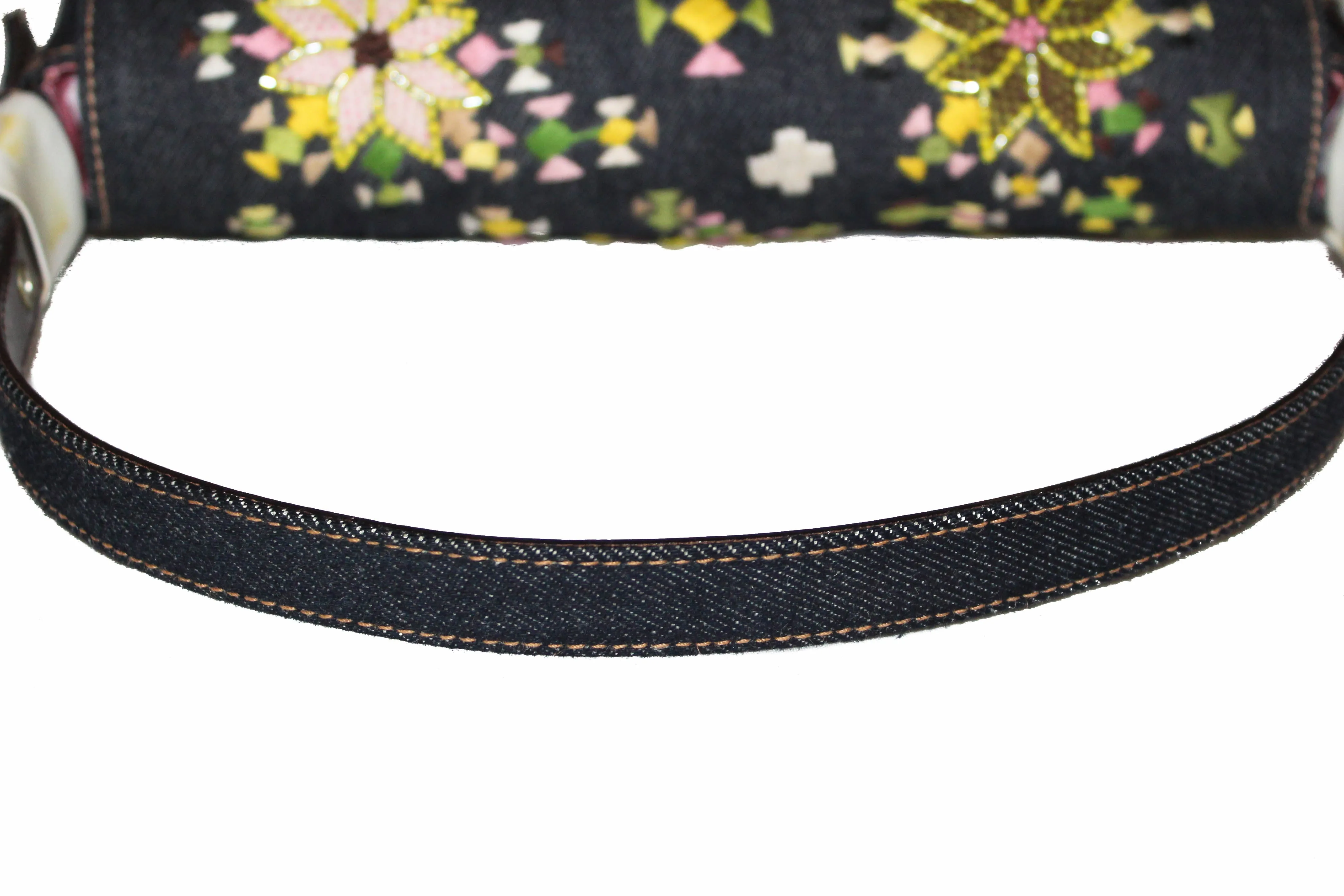 Authentic New Fendi Blue Denim Floral Embroidered Beaded Baguette Shoulder Bag