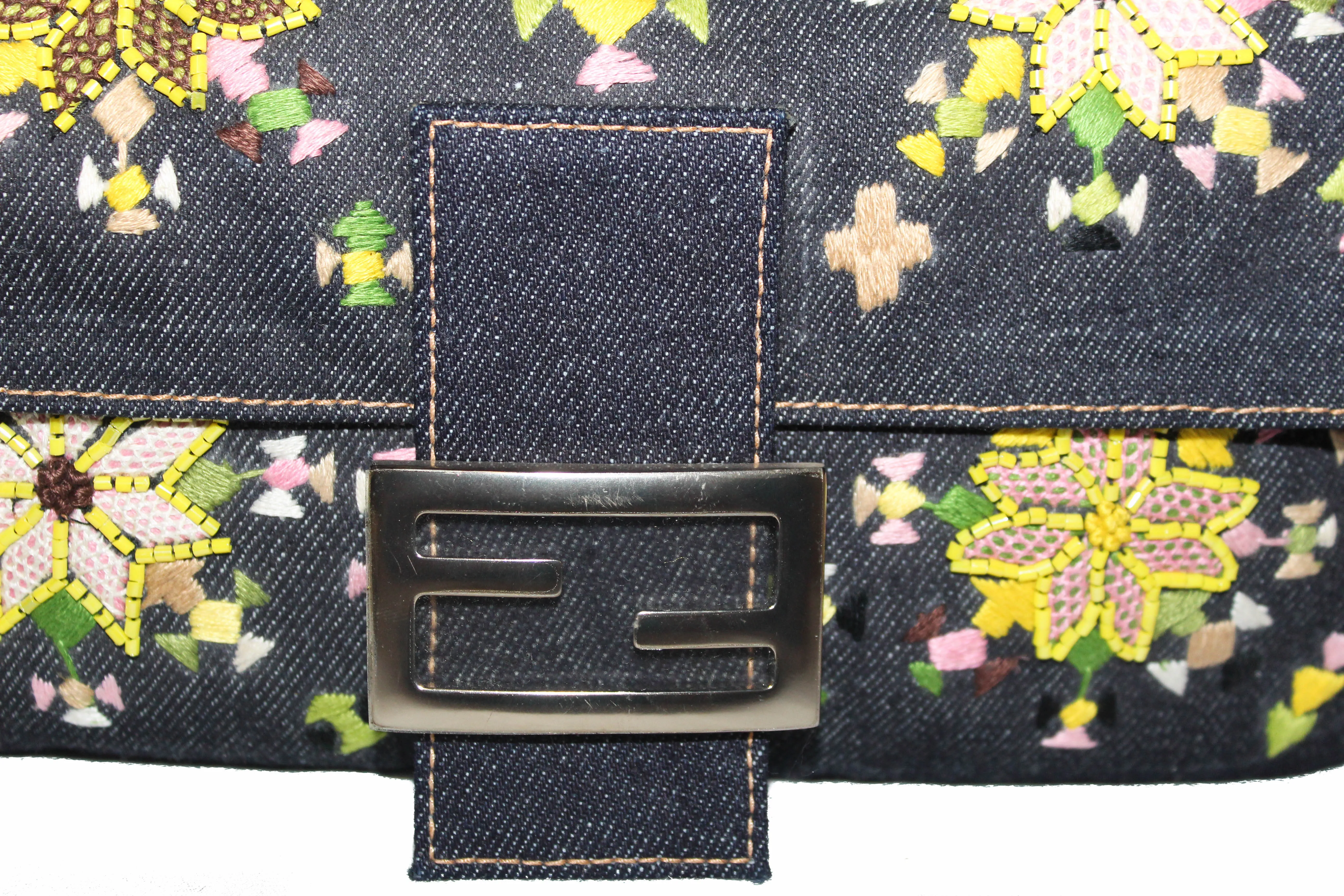 Authentic New Fendi Blue Denim Floral Embroidered Beaded Baguette Shoulder Bag