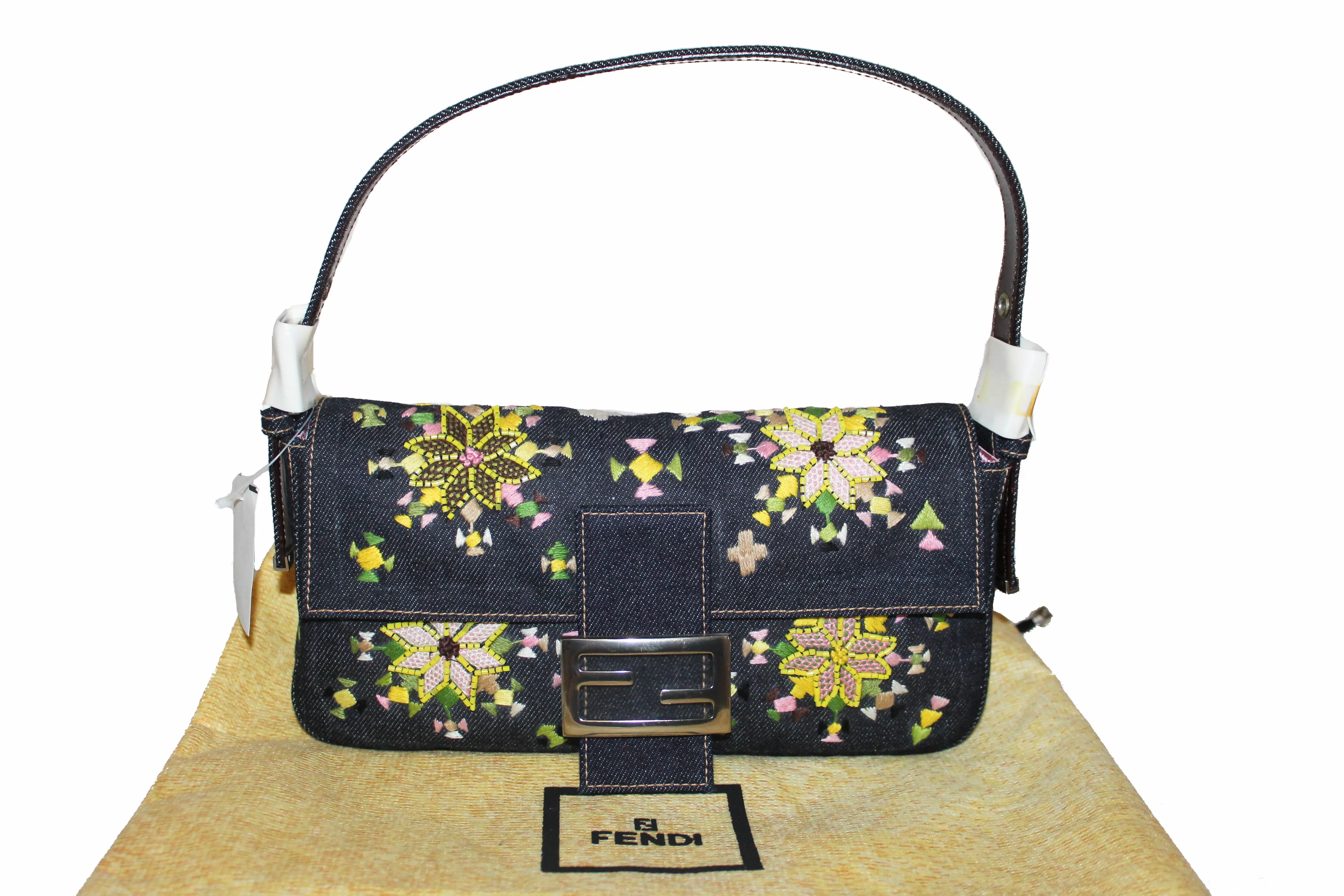 Authentic New Fendi Blue Denim Floral Embroidered Beaded Baguette Shoulder Bag