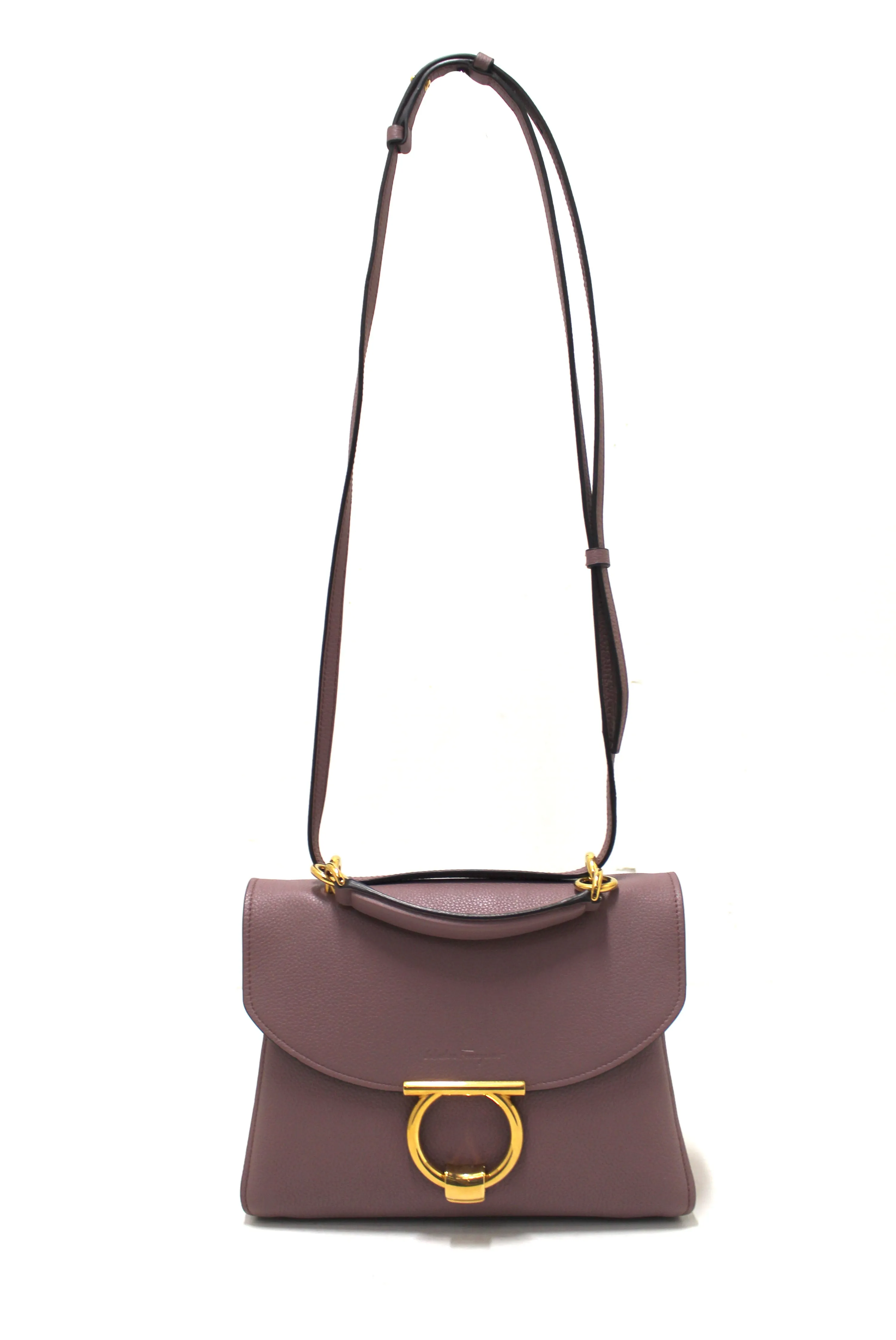 Authentic Salvatore Ferragamo Purple Pebbled Calf Leather Margot Small Top Handle Satchel Bag