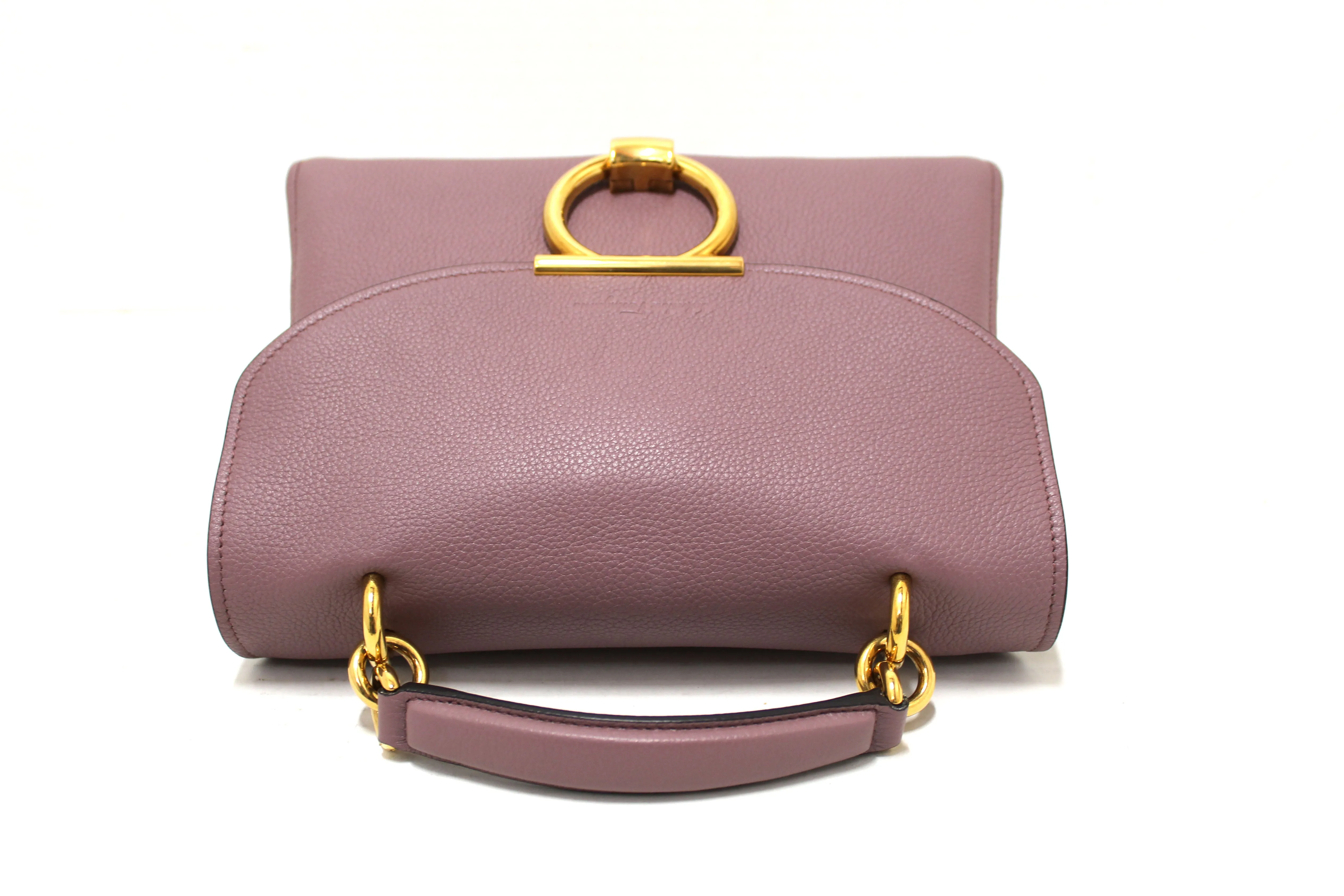 Authentic Salvatore Ferragamo Purple Pebbled Calf Leather Margot Small Top Handle Satchel Bag