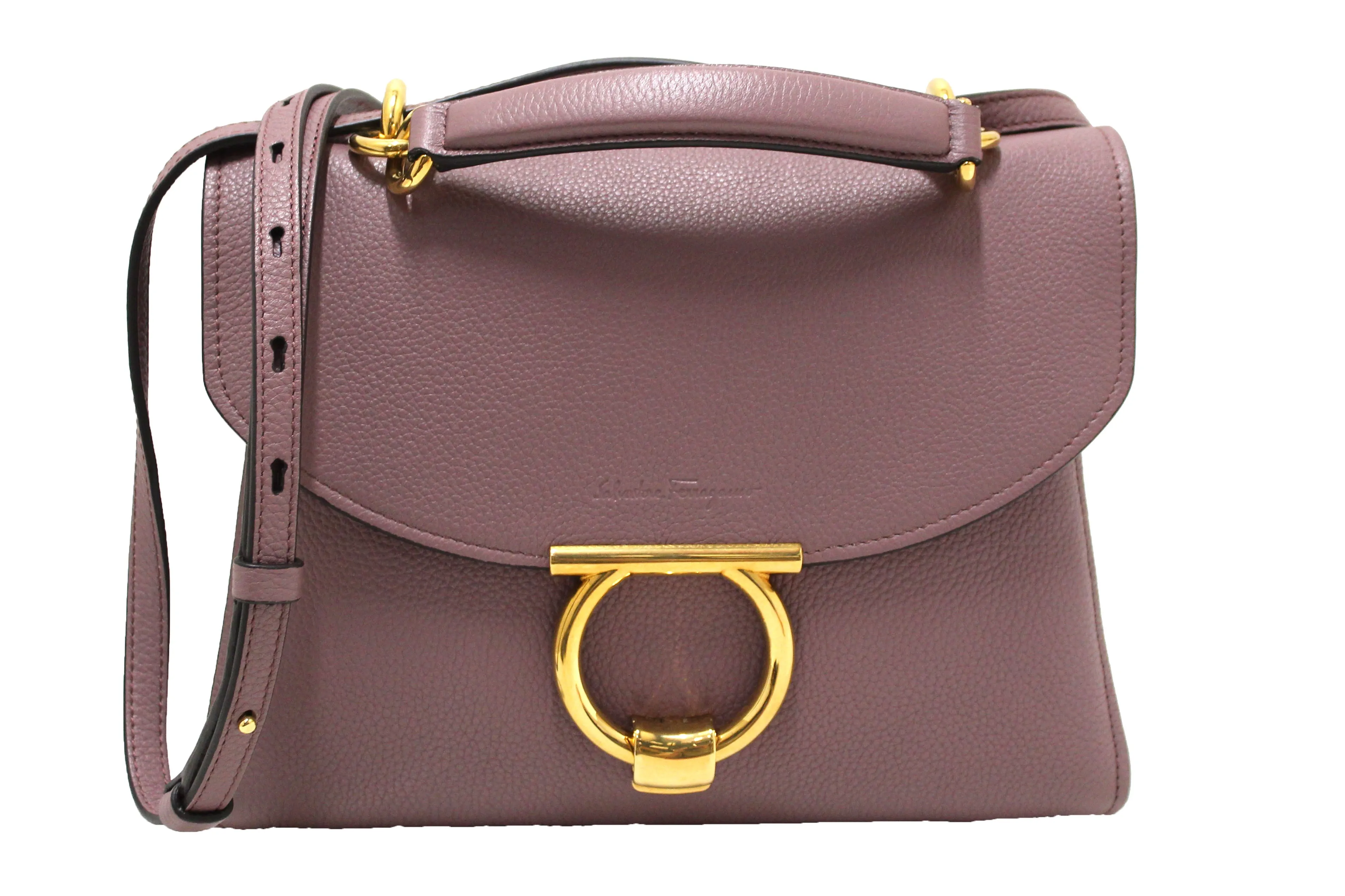 Authentic Salvatore Ferragamo Purple Pebbled Calf Leather Margot Small Top Handle Satchel Bag