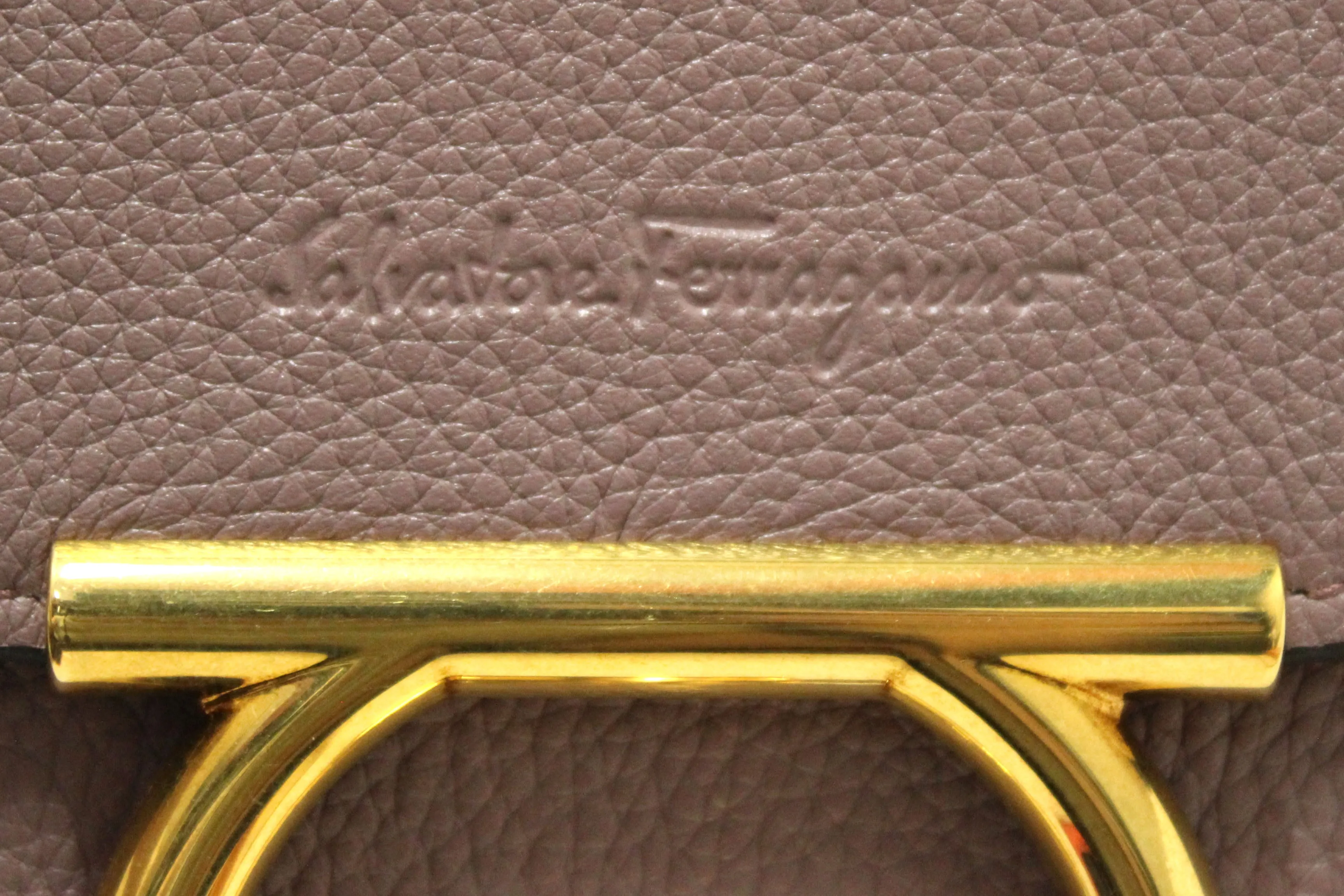 Authentic Salvatore Ferragamo Purple Pebbled Calf Leather Margot Small Top Handle Satchel Bag