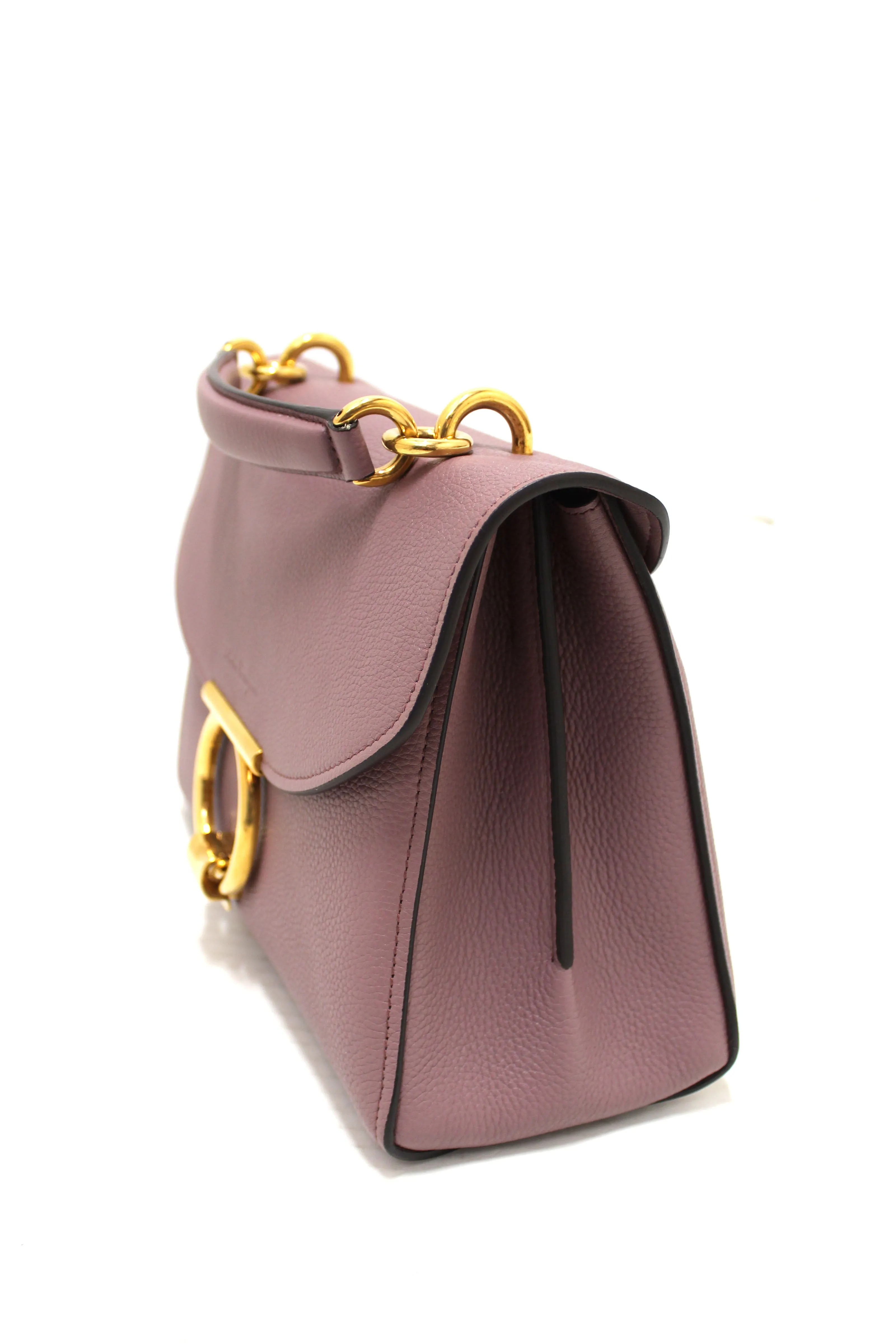 Authentic Salvatore Ferragamo Purple Pebbled Calf Leather Margot Small Top Handle Satchel Bag