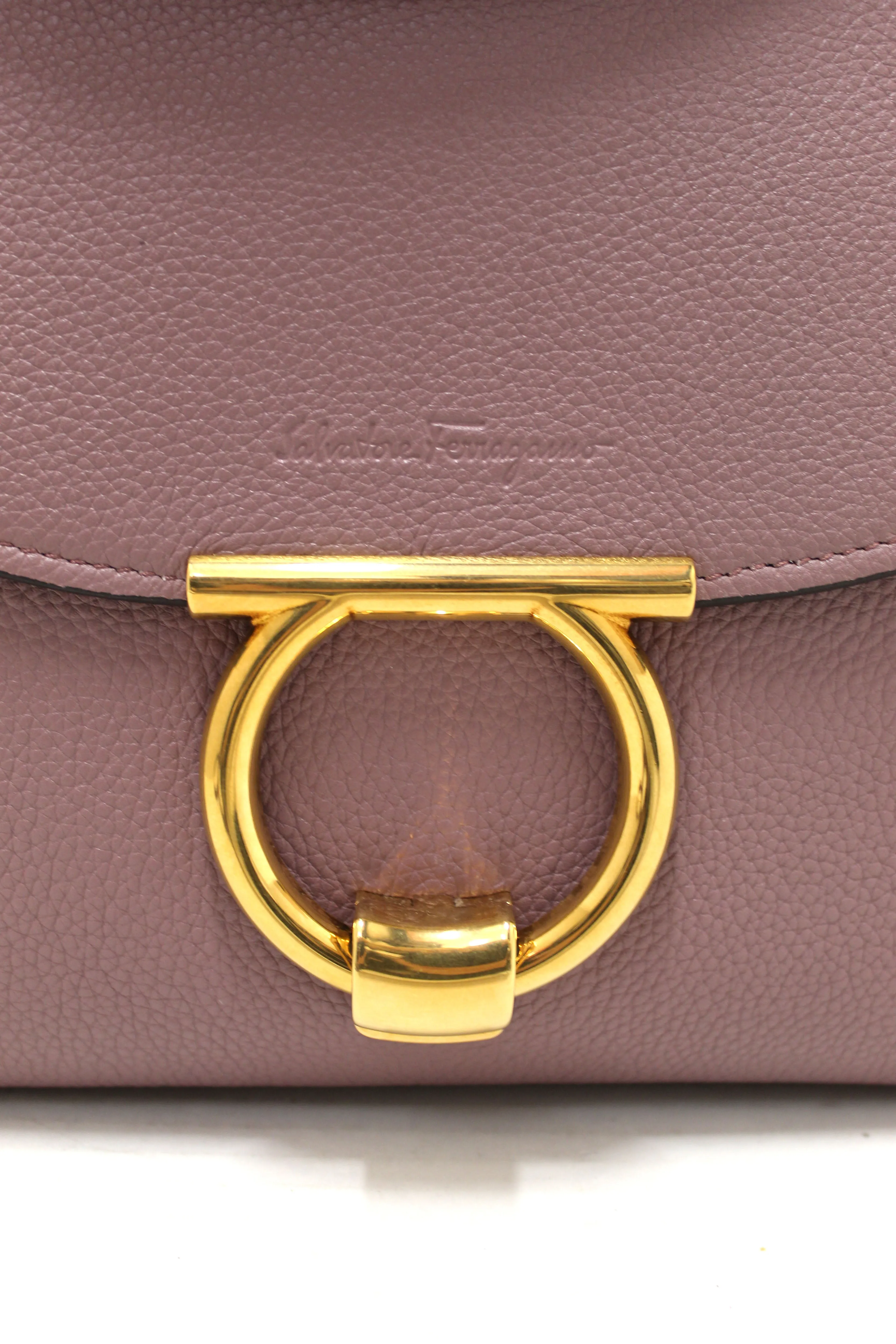 Authentic Salvatore Ferragamo Purple Pebbled Calf Leather Margot Small Top Handle Satchel Bag