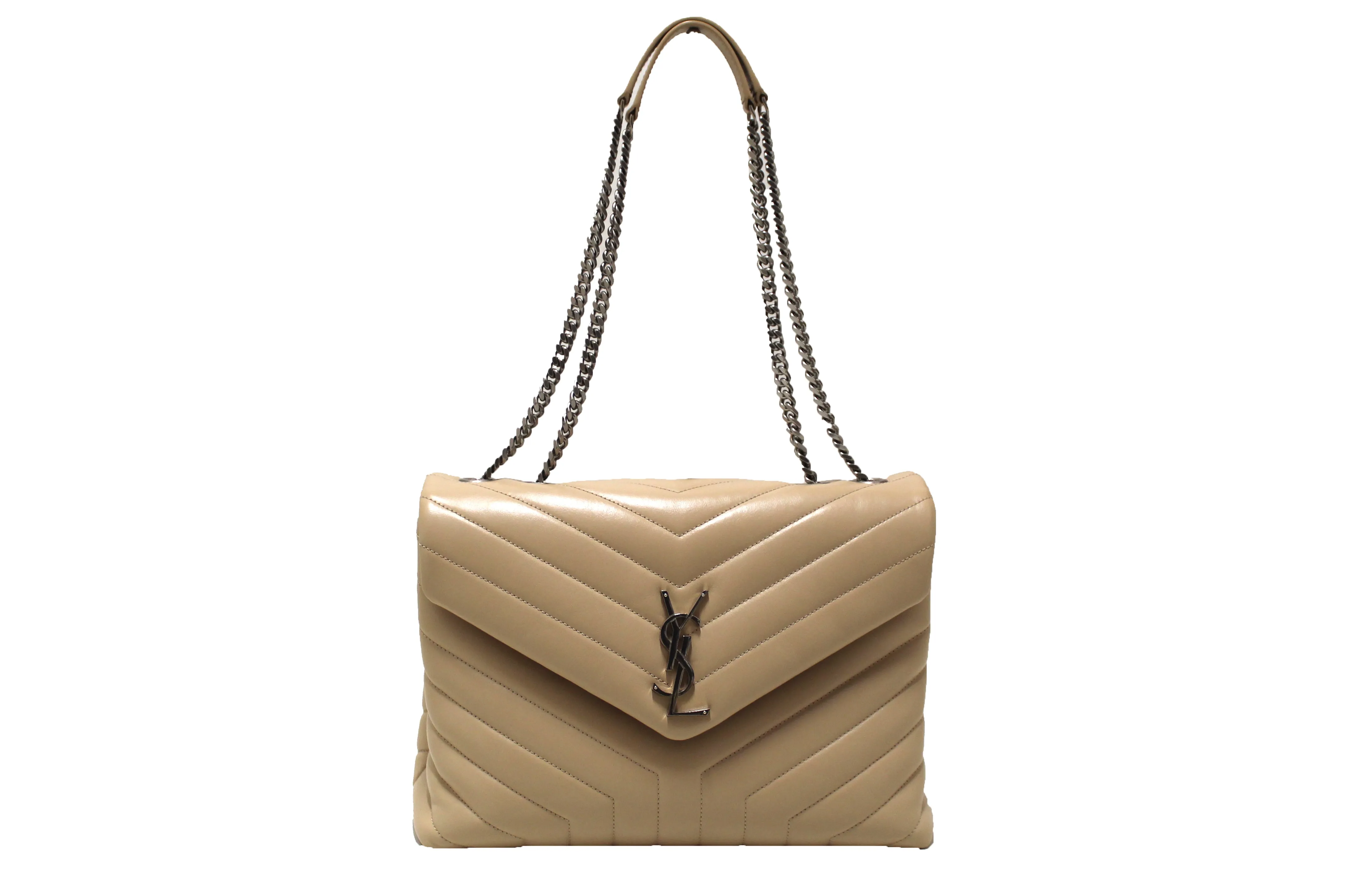 Authentic Yves Saint Laurent Dark Beige Matelasse Y Leather Medium LouLou Bag