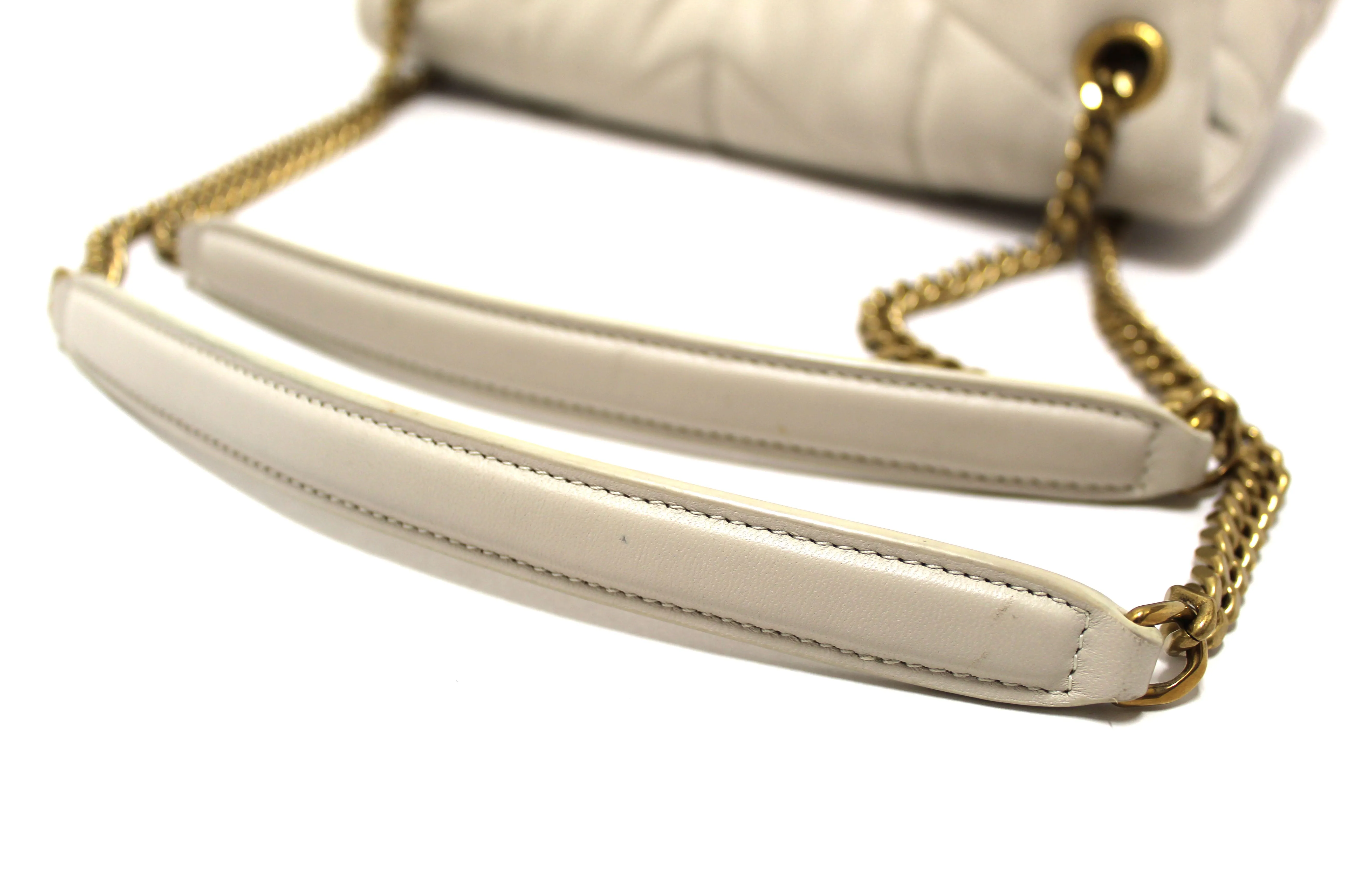 Authentic Yves Saint Laurent White Quilted Lambskin Toy Loulou Puffer Monogram Chain Satchel Bag