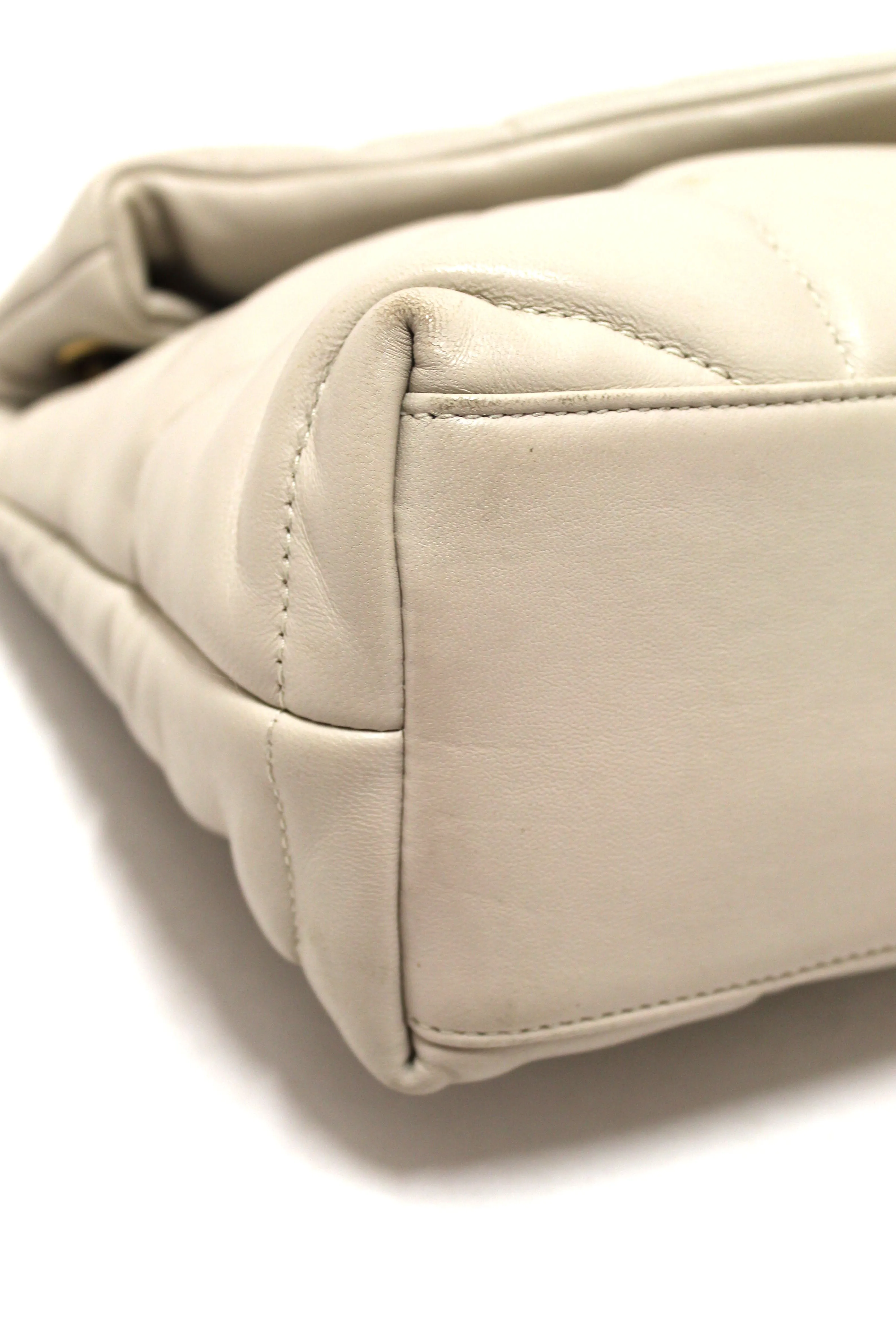 Authentic Yves Saint Laurent White Quilted Lambskin Toy Loulou Puffer Monogram Chain Satchel Bag