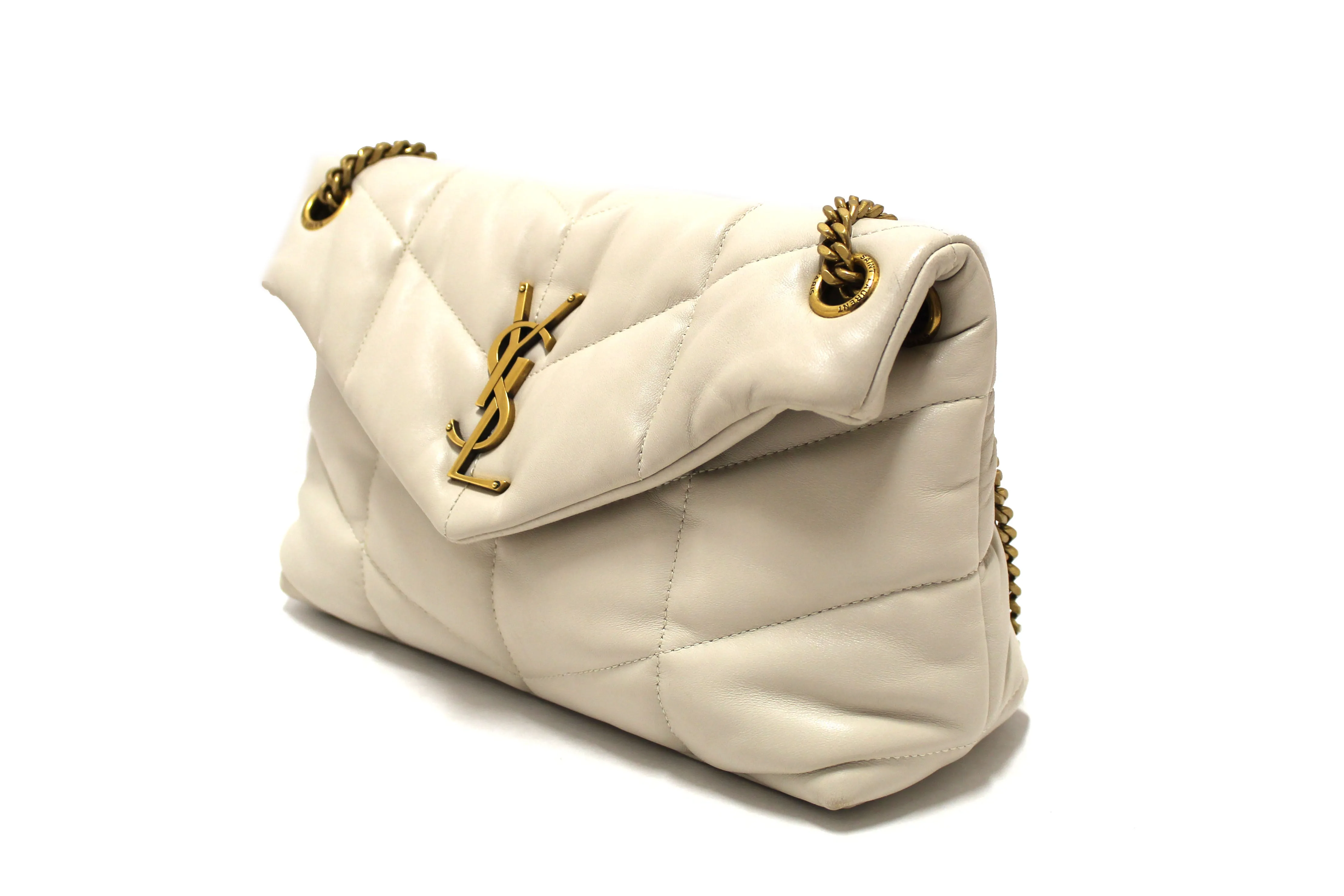Authentic Yves Saint Laurent White Quilted Lambskin Toy Loulou Puffer Monogram Chain Satchel Bag