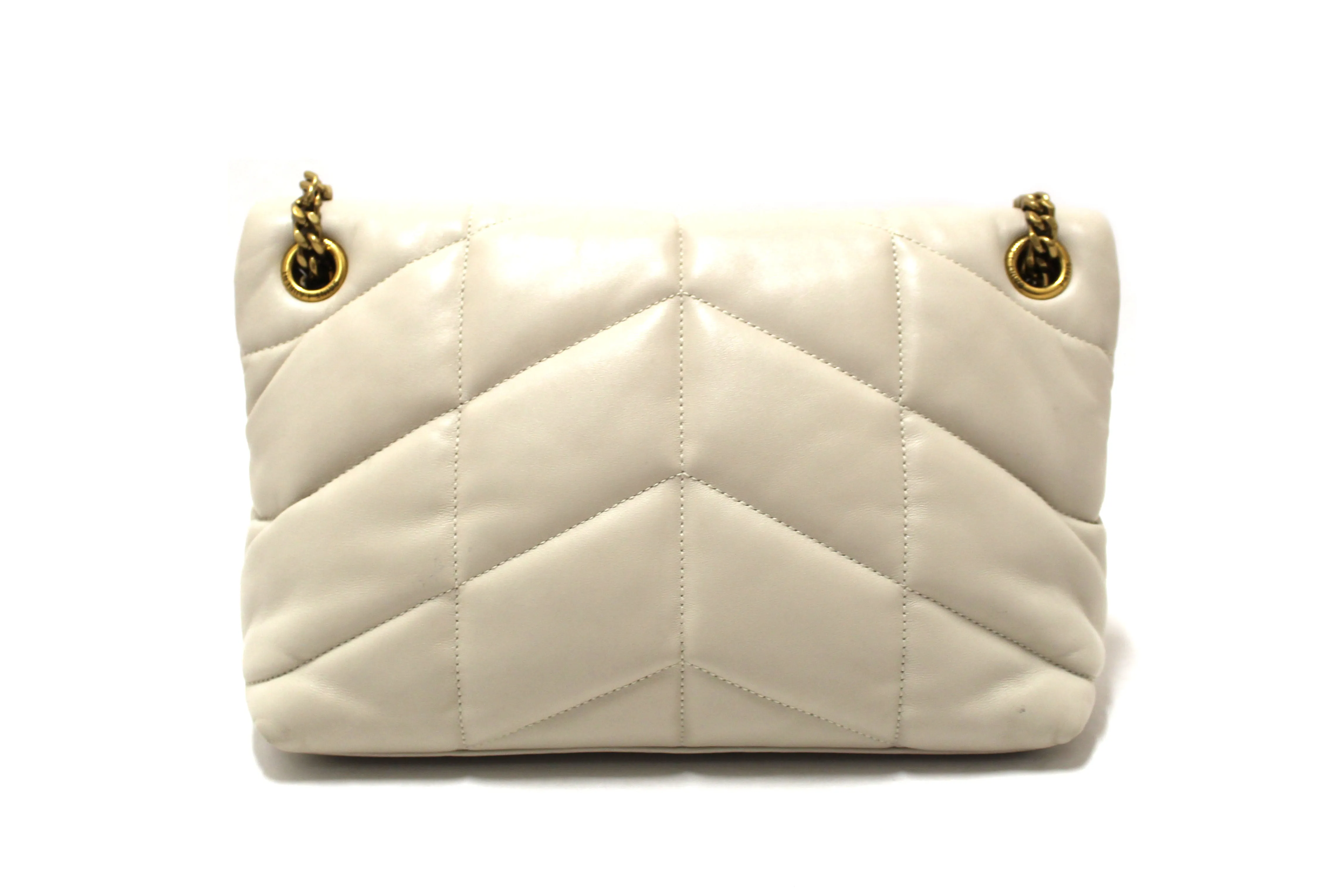 Authentic Yves Saint Laurent White Quilted Lambskin Toy Loulou Puffer Monogram Chain Satchel Bag