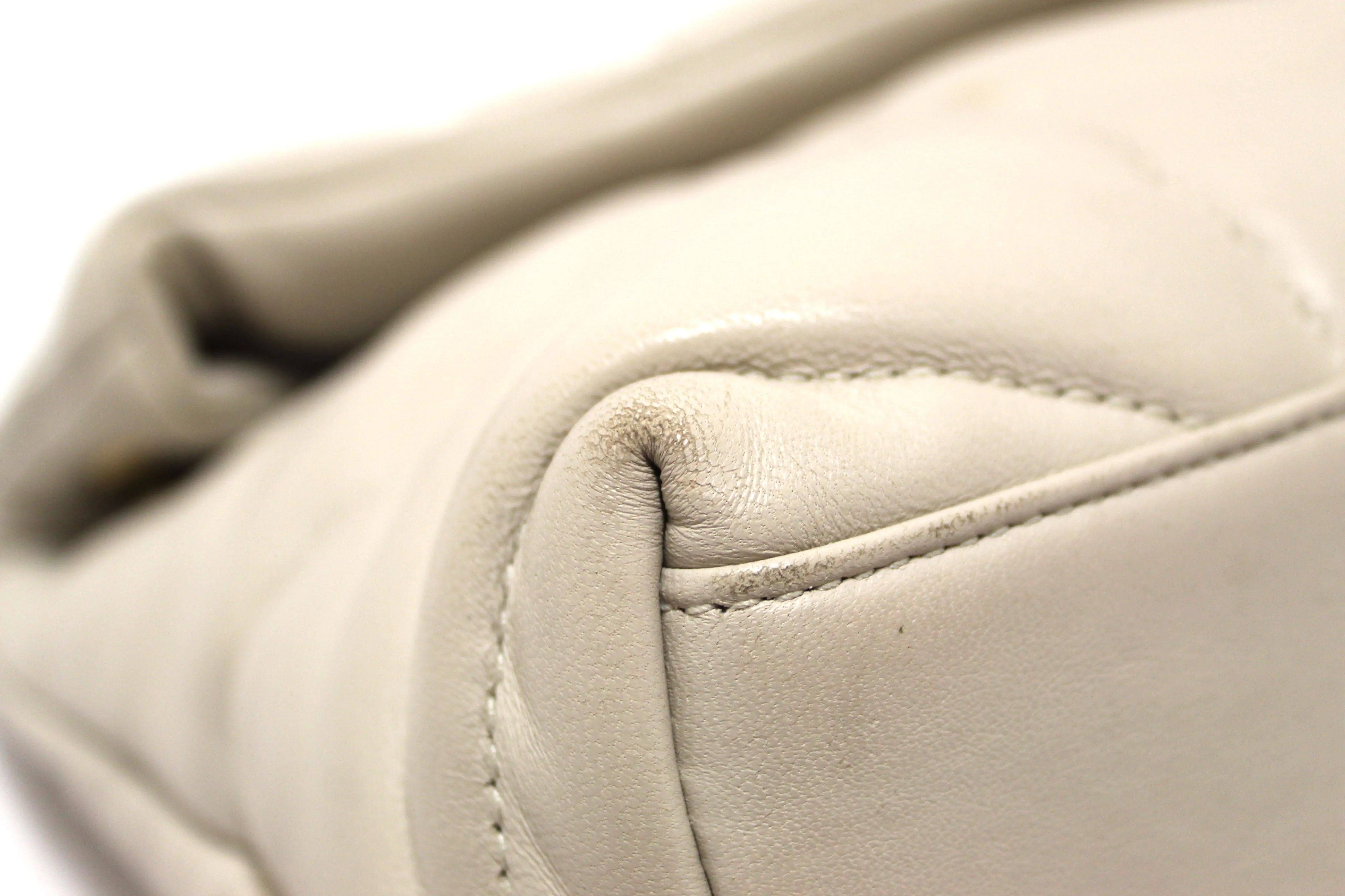 Authentic Yves Saint Laurent White Quilted Lambskin Toy Loulou Puffer Monogram Chain Satchel Bag