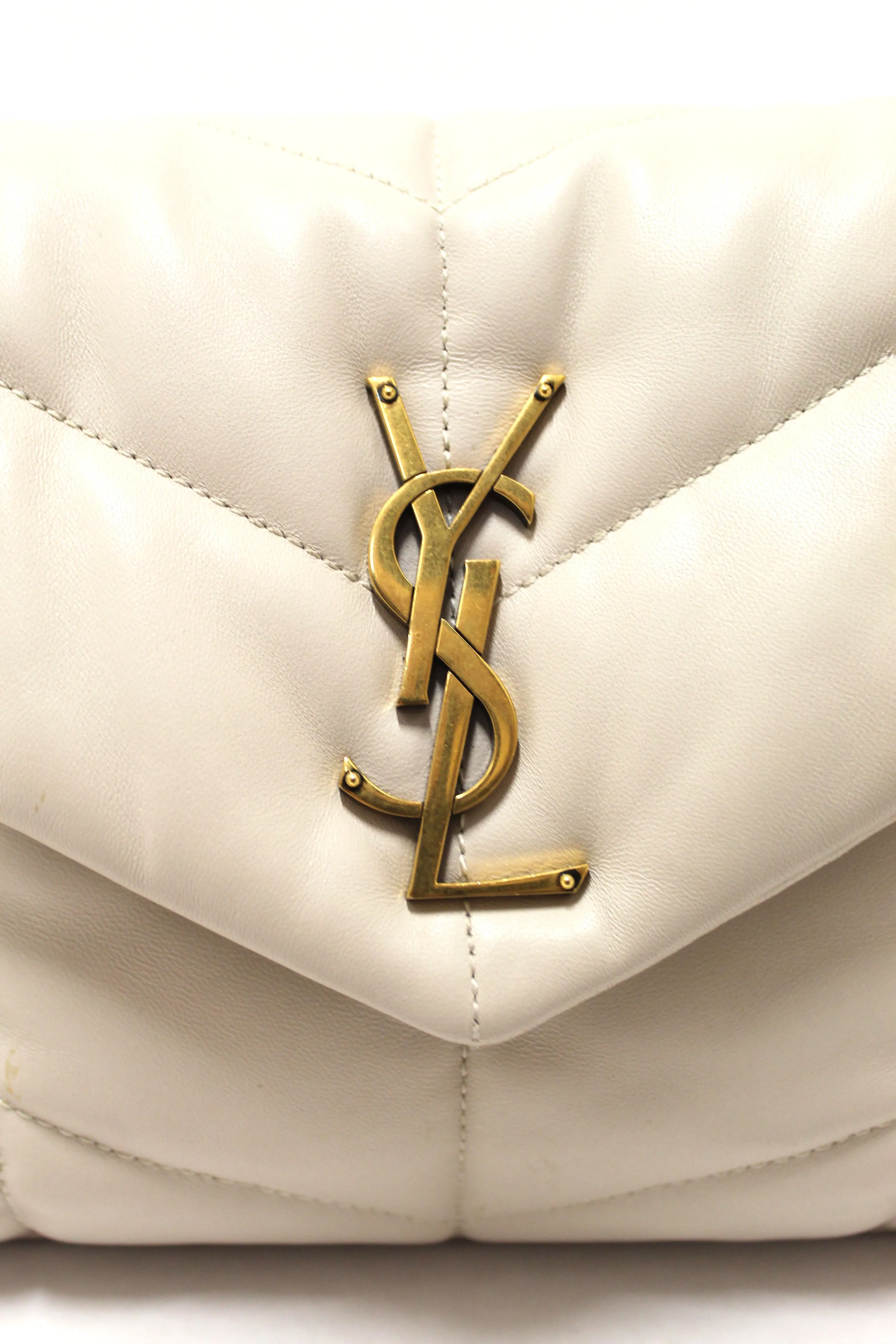 Authentic Yves Saint Laurent White Quilted Lambskin Toy Loulou Puffer Monogram Chain Satchel Bag
