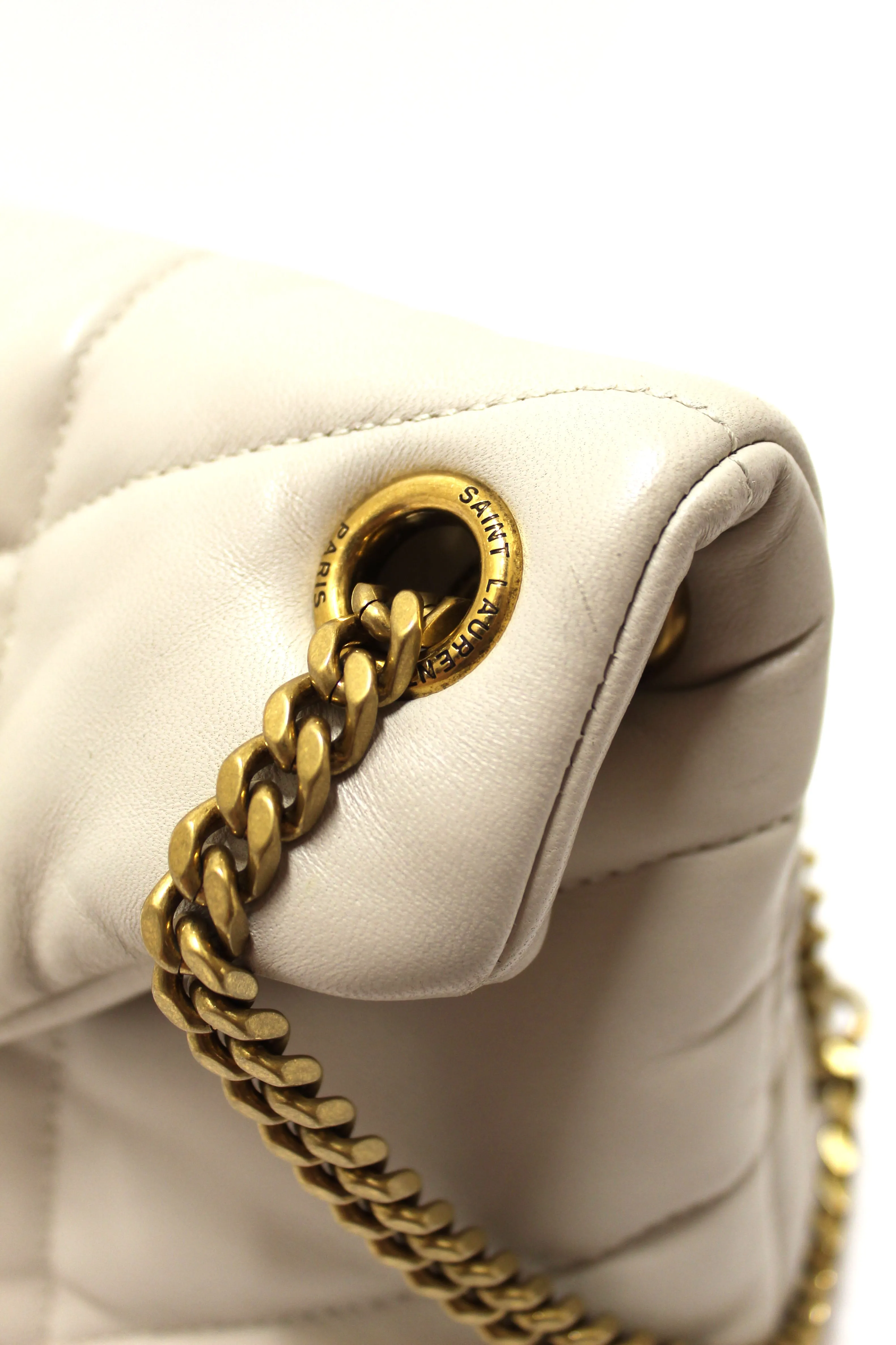 Authentic Yves Saint Laurent White Quilted Lambskin Toy Loulou Puffer Monogram Chain Satchel Bag