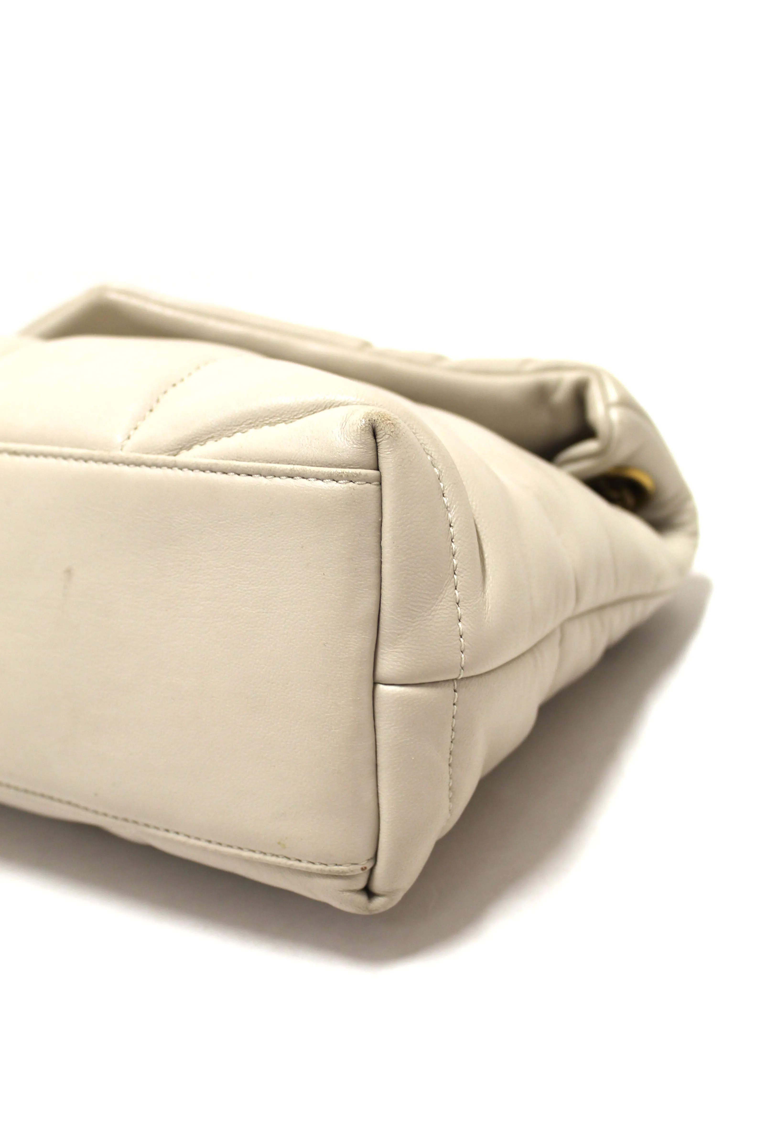 Authentic Yves Saint Laurent White Quilted Lambskin Toy Loulou Puffer Monogram Chain Satchel Bag