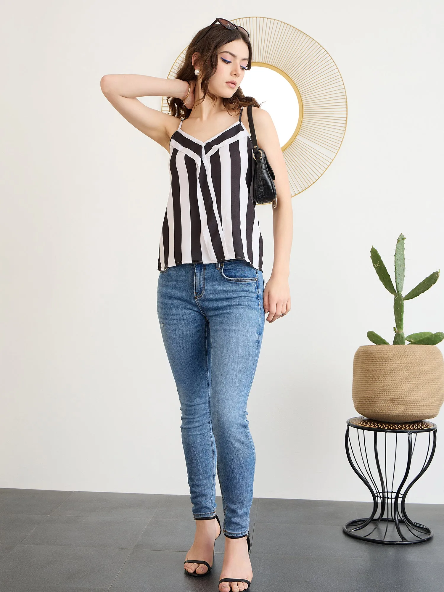 Berrylush Women White & Black Vertical Striped Print V-Neck Sleeveless Ruffled Regular Top