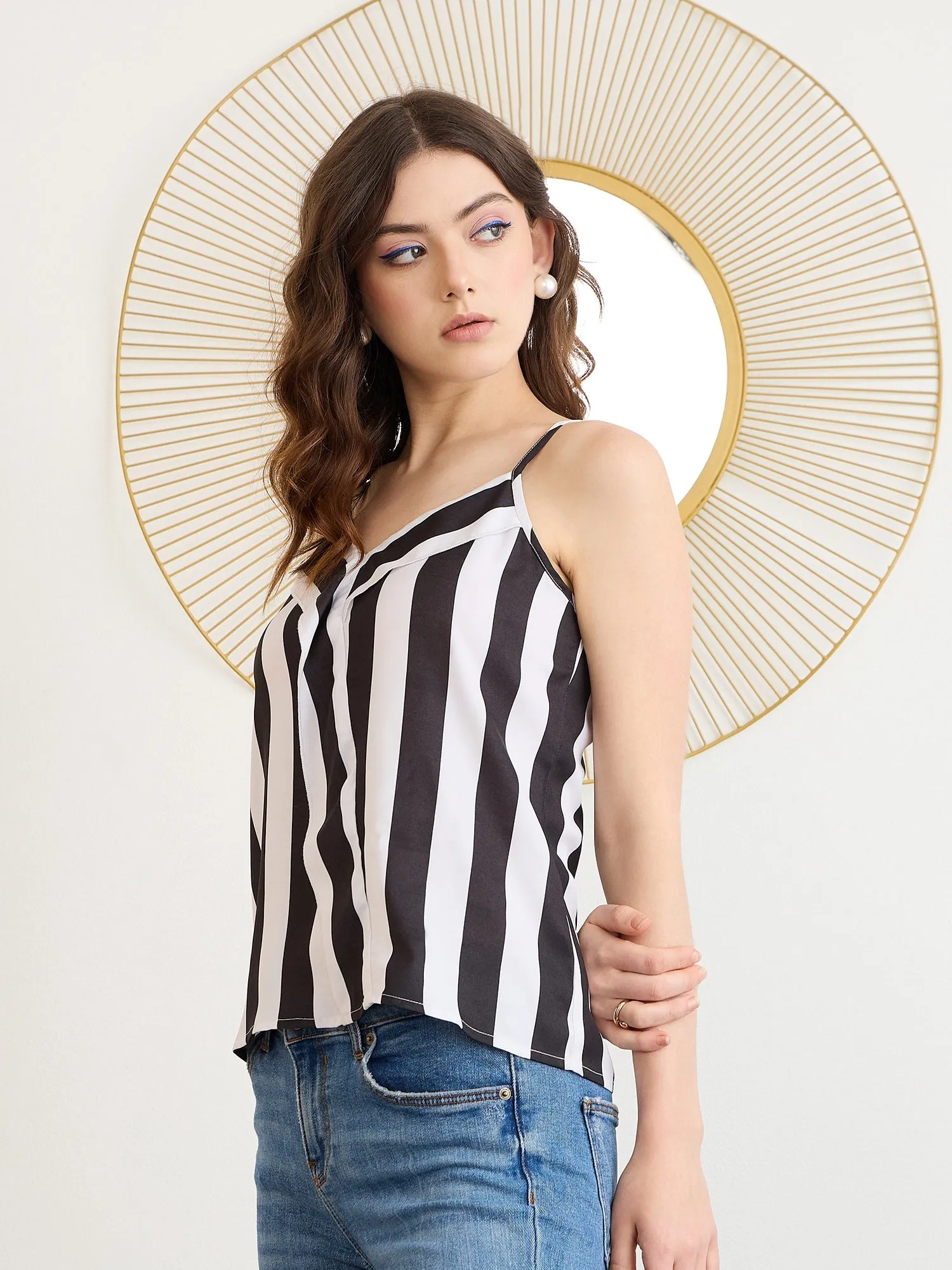 Berrylush Women White & Black Vertical Striped Print V-Neck Sleeveless Ruffled Regular Top