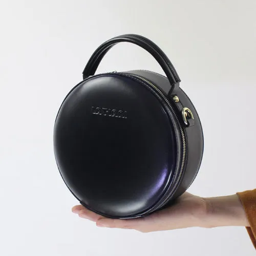 Black Leather Circle Crossbody Bag - Stylish Round Purse