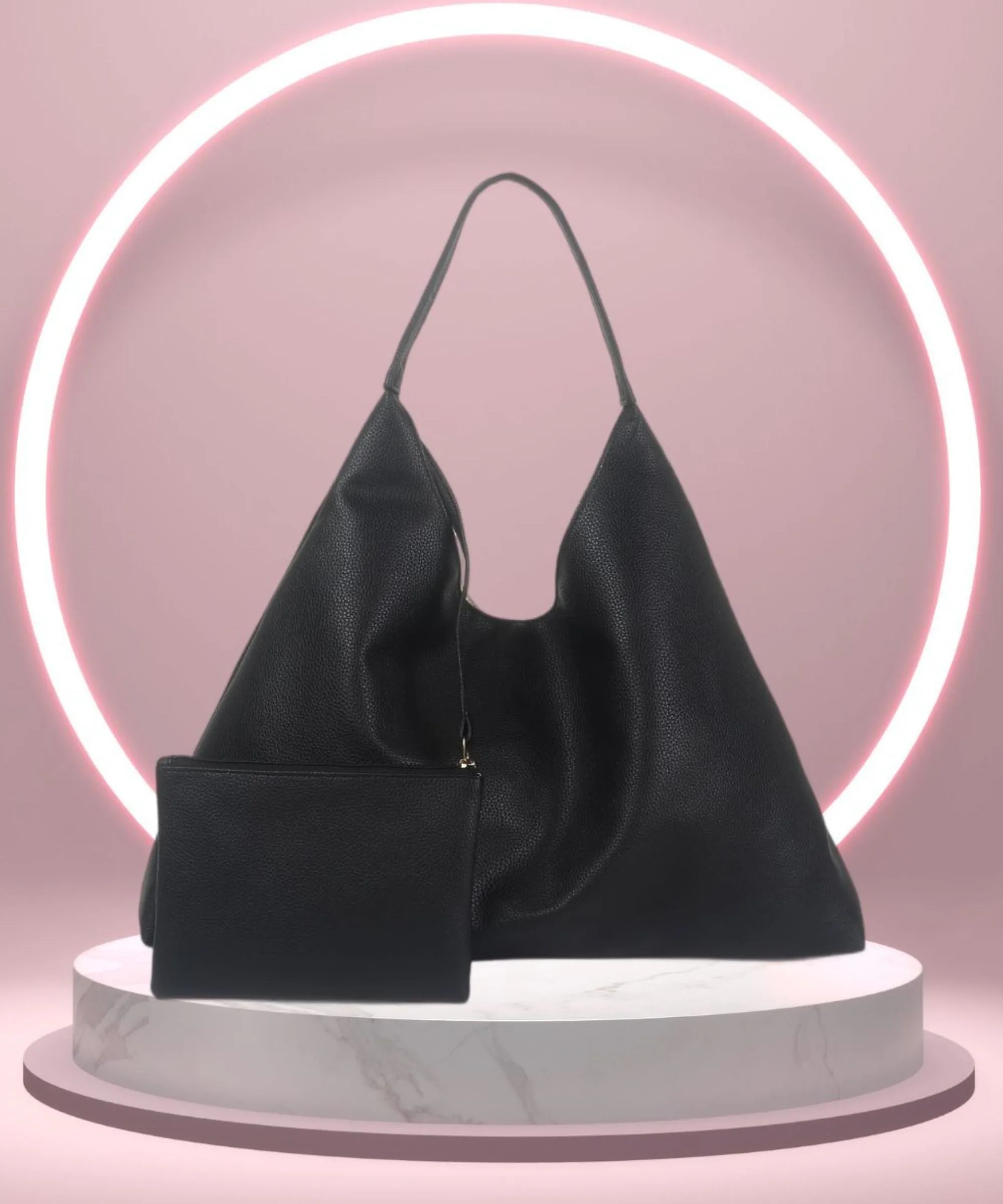 Black Synthetic Leather Handbag Bag With Hanging Pouch For Women