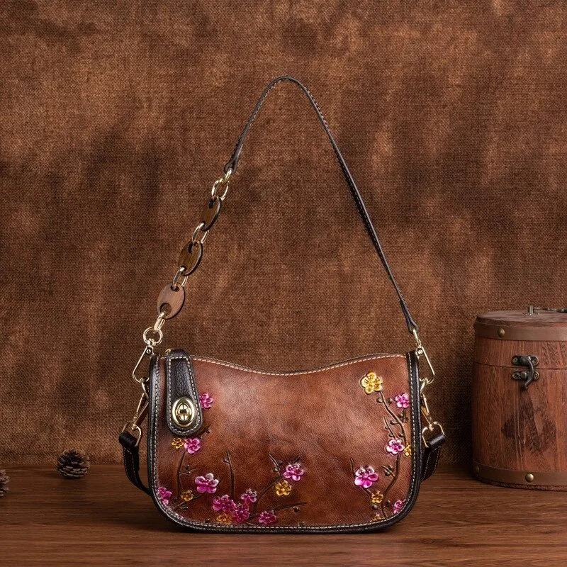 BOLAIER Leather Saddle Clutch Style Floral Embossed Shoulder Bag
