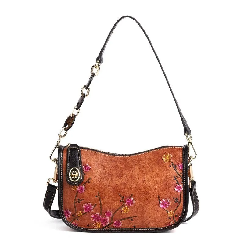 BOLAIER Leather Saddle Clutch Style Floral Embossed Shoulder Bag