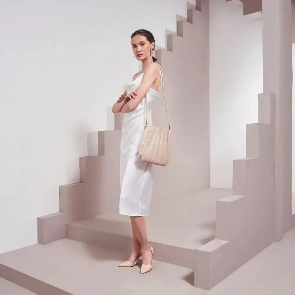Carrie Pleated Vegan Shoulder Bag - Bone