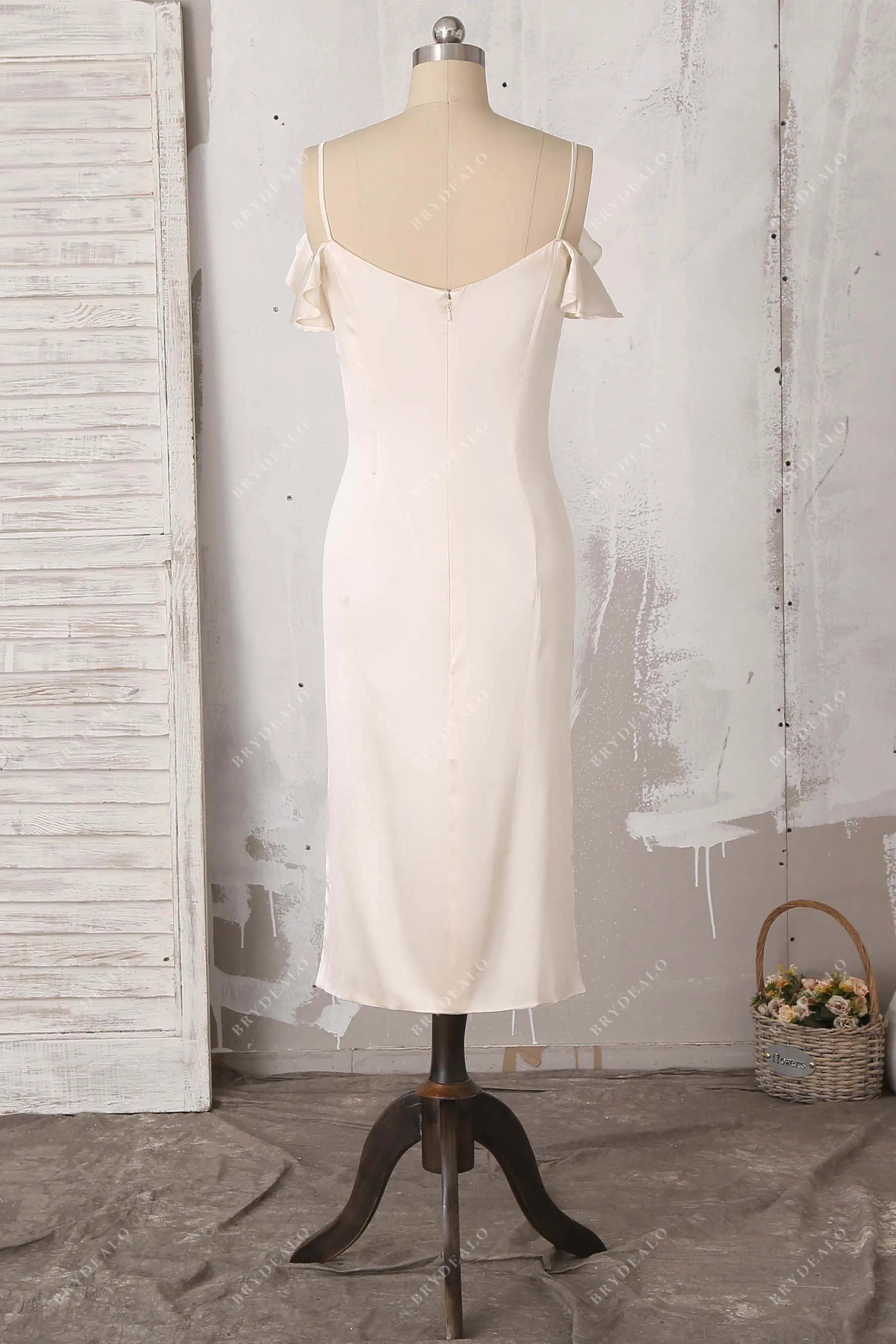 Champagne Silk Ruffled Cold Shoulder Bridal Evening Dress