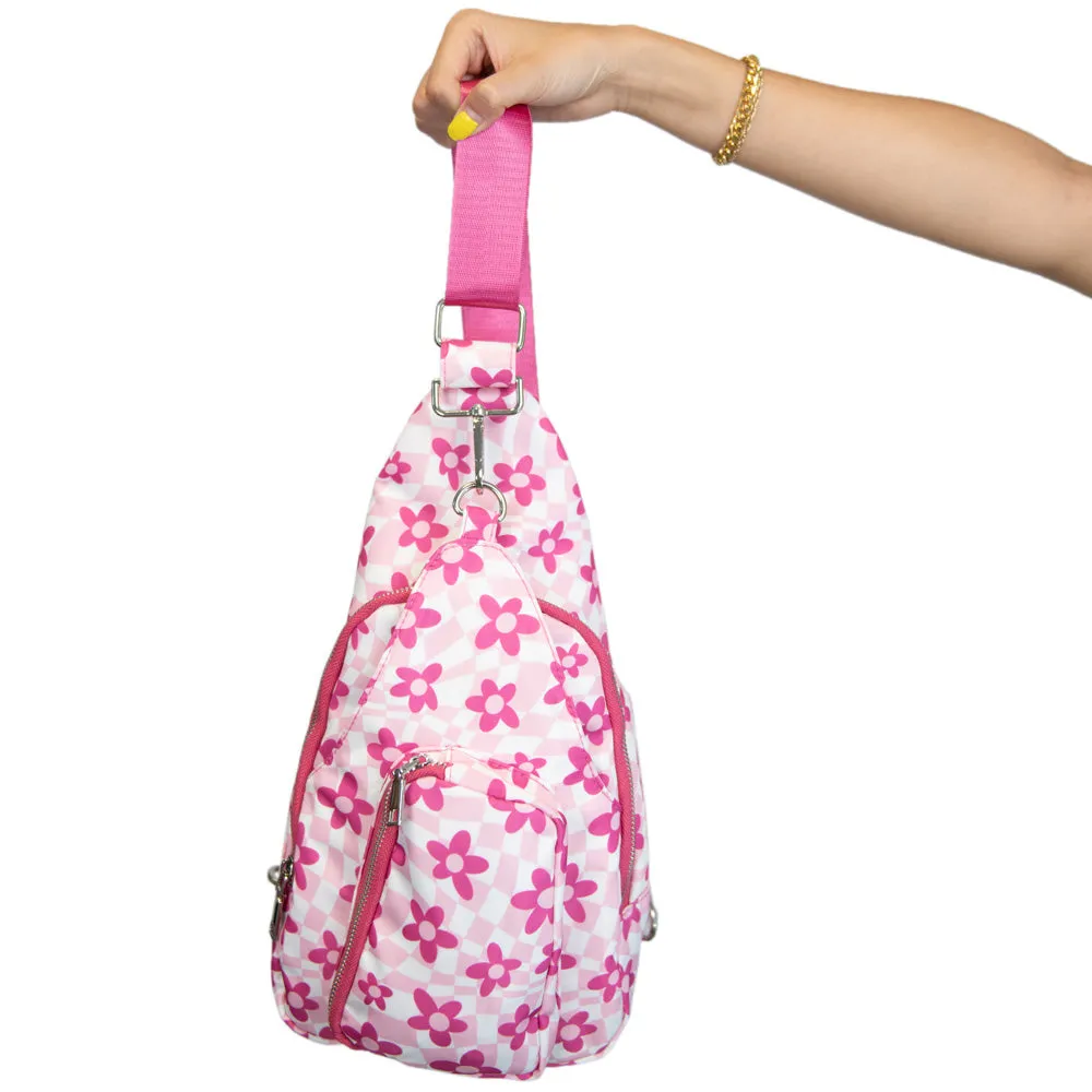 Pink Flower with Groovy Checkered Wholesale Cross Body Sling Bag